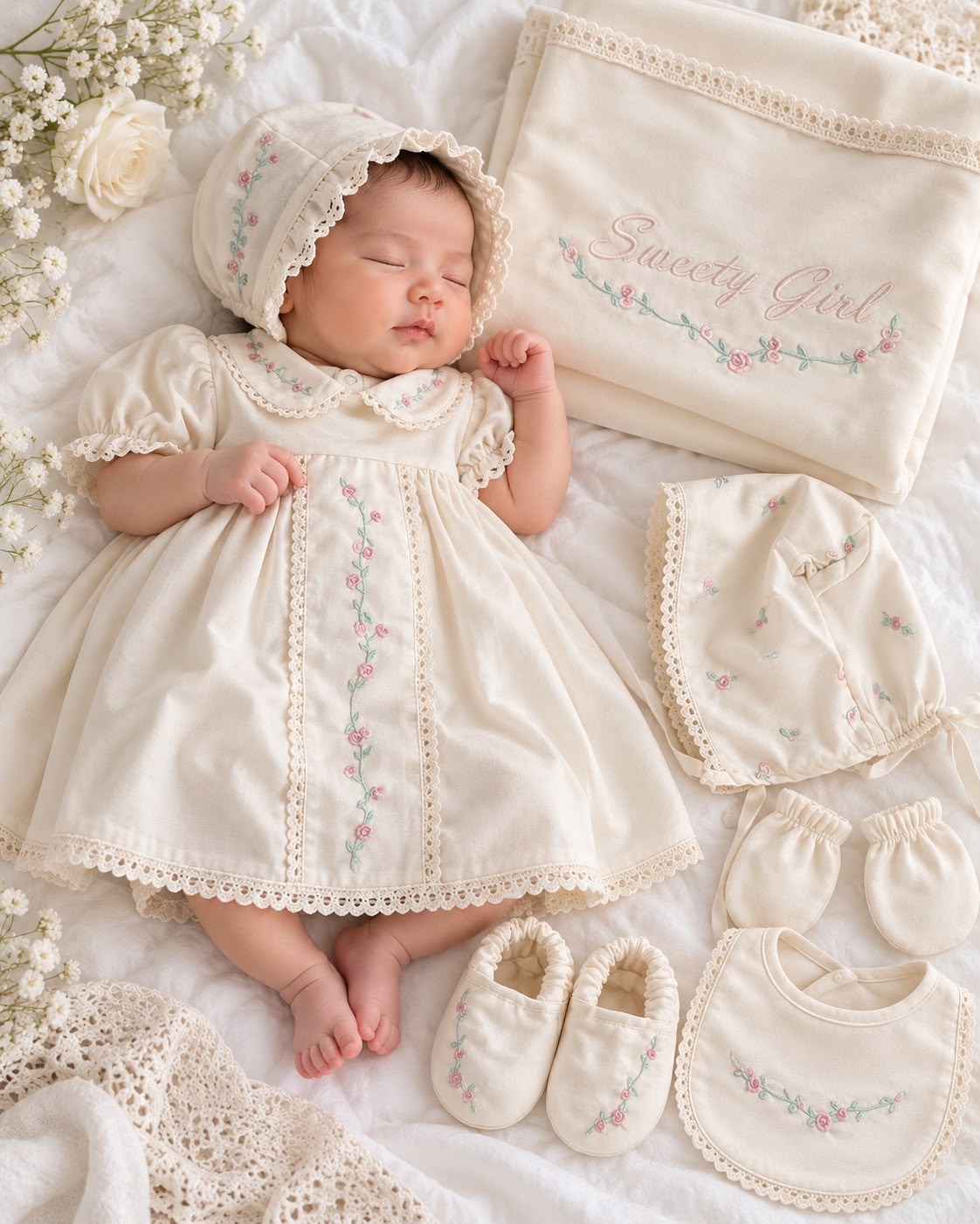 -Vintage Krem Nakışlı Dantelli Kız Bebek Hastane Çıkışı Elbise 6'lı Set – 0-3 Ay
