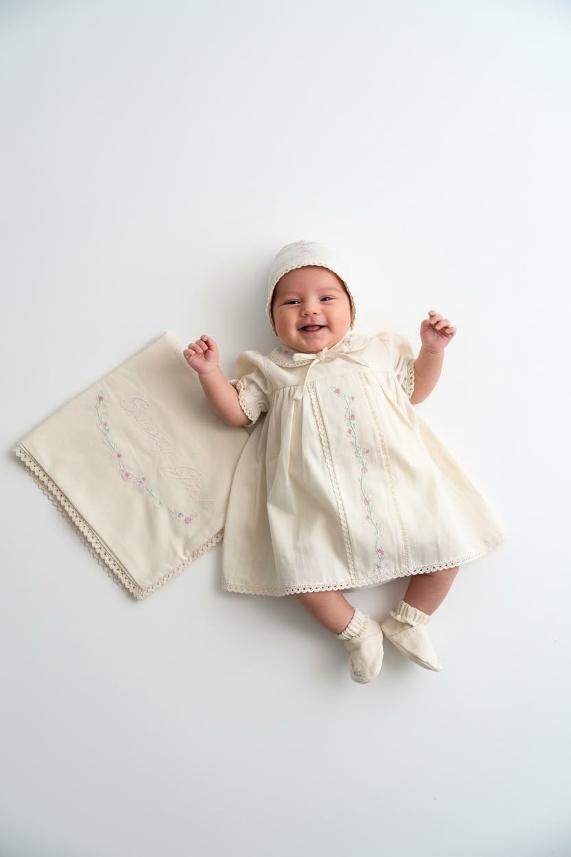 -Vintage Krem Nakışlı Dantelli Kız Bebek Hastane Çıkışı Elbise 6'lı Set – 0-3 Ay