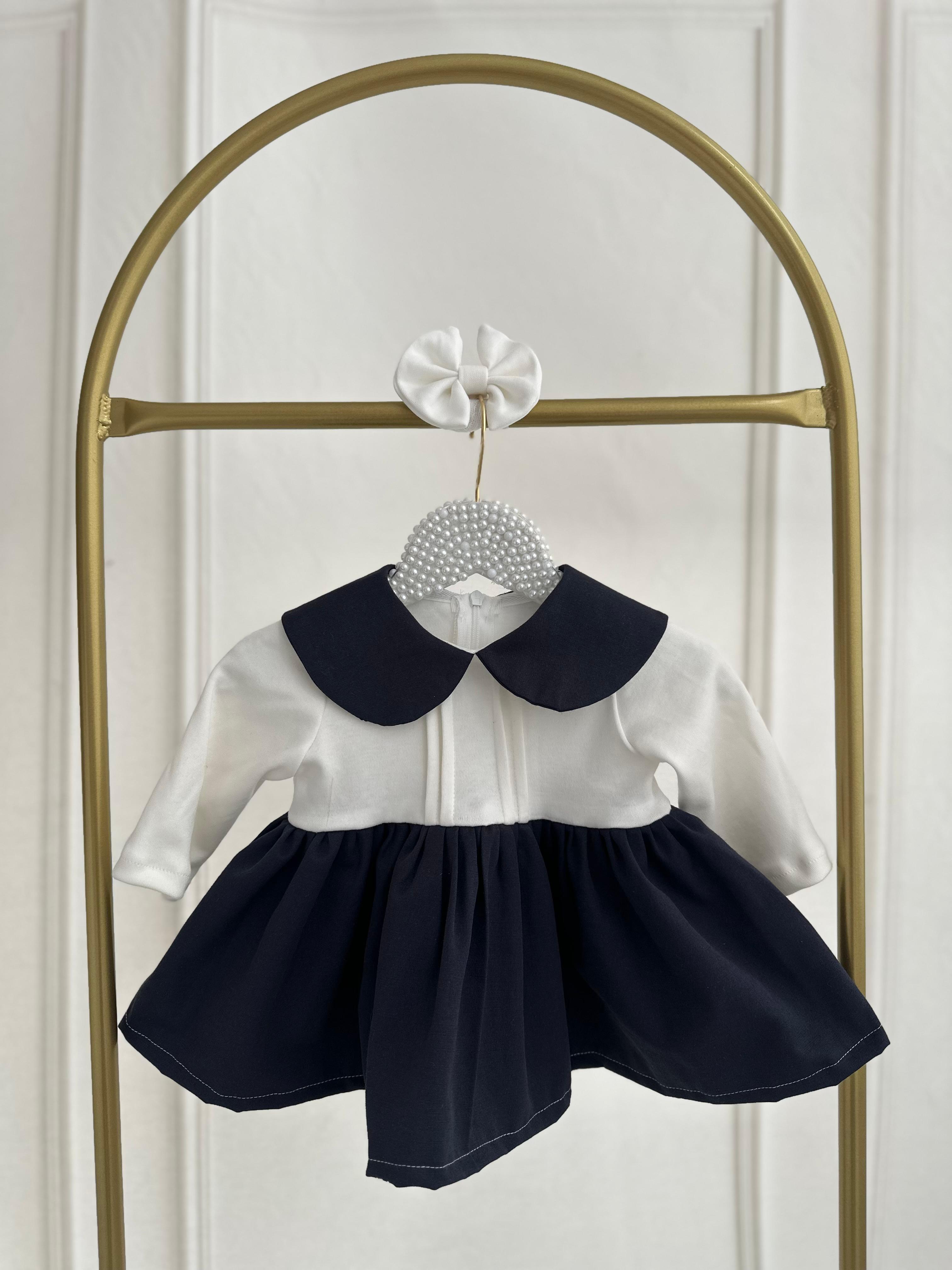 0-3 Ay Kırık Beyaz Penye Lacivert Poplin Elbise