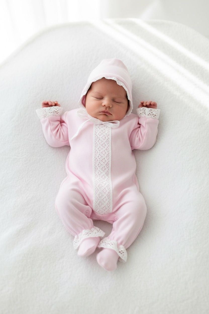 0-3 Months White Lace Pink Romper