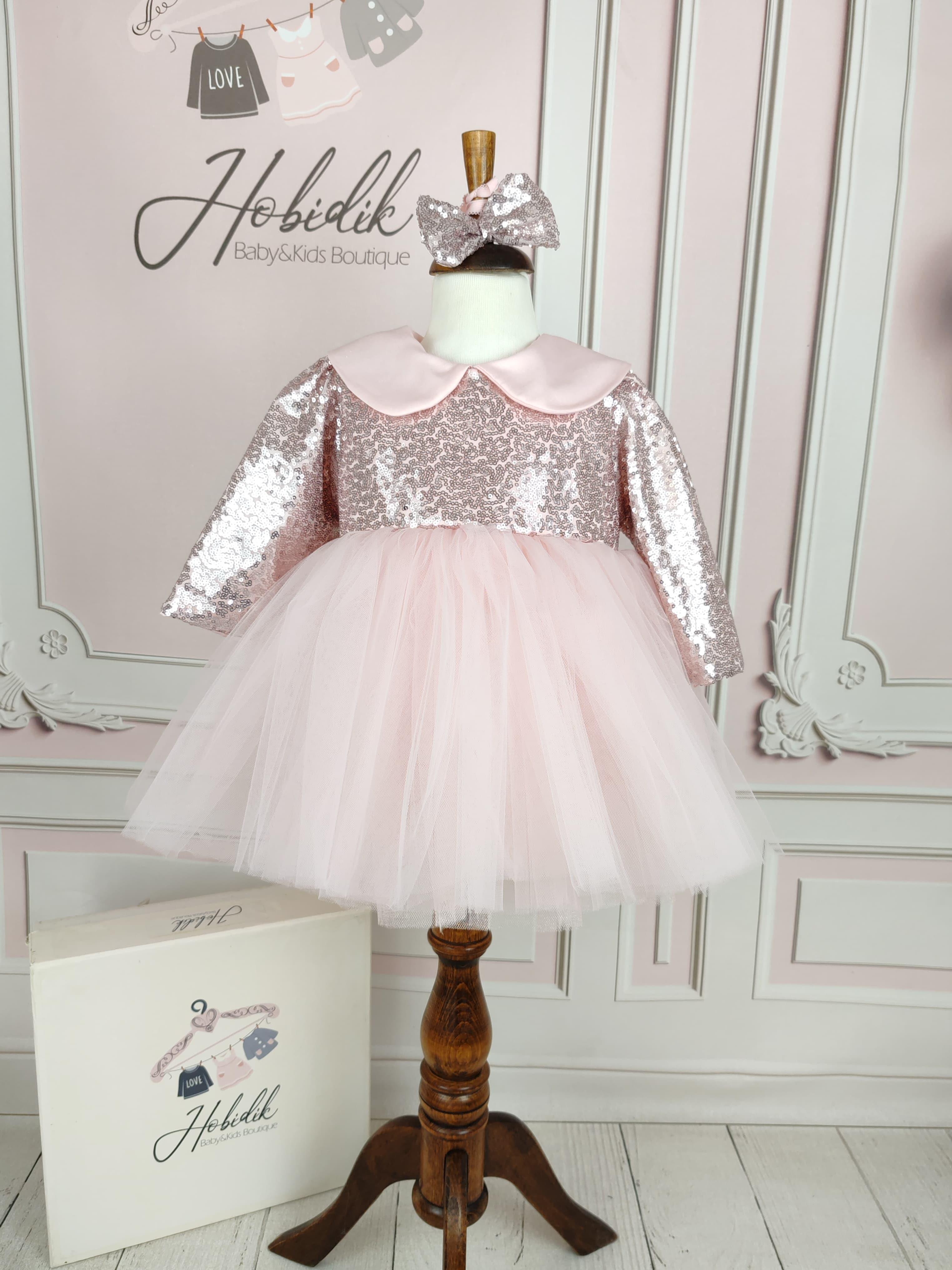 1-2 Pudra Pembe Payet ve Tül Elbise