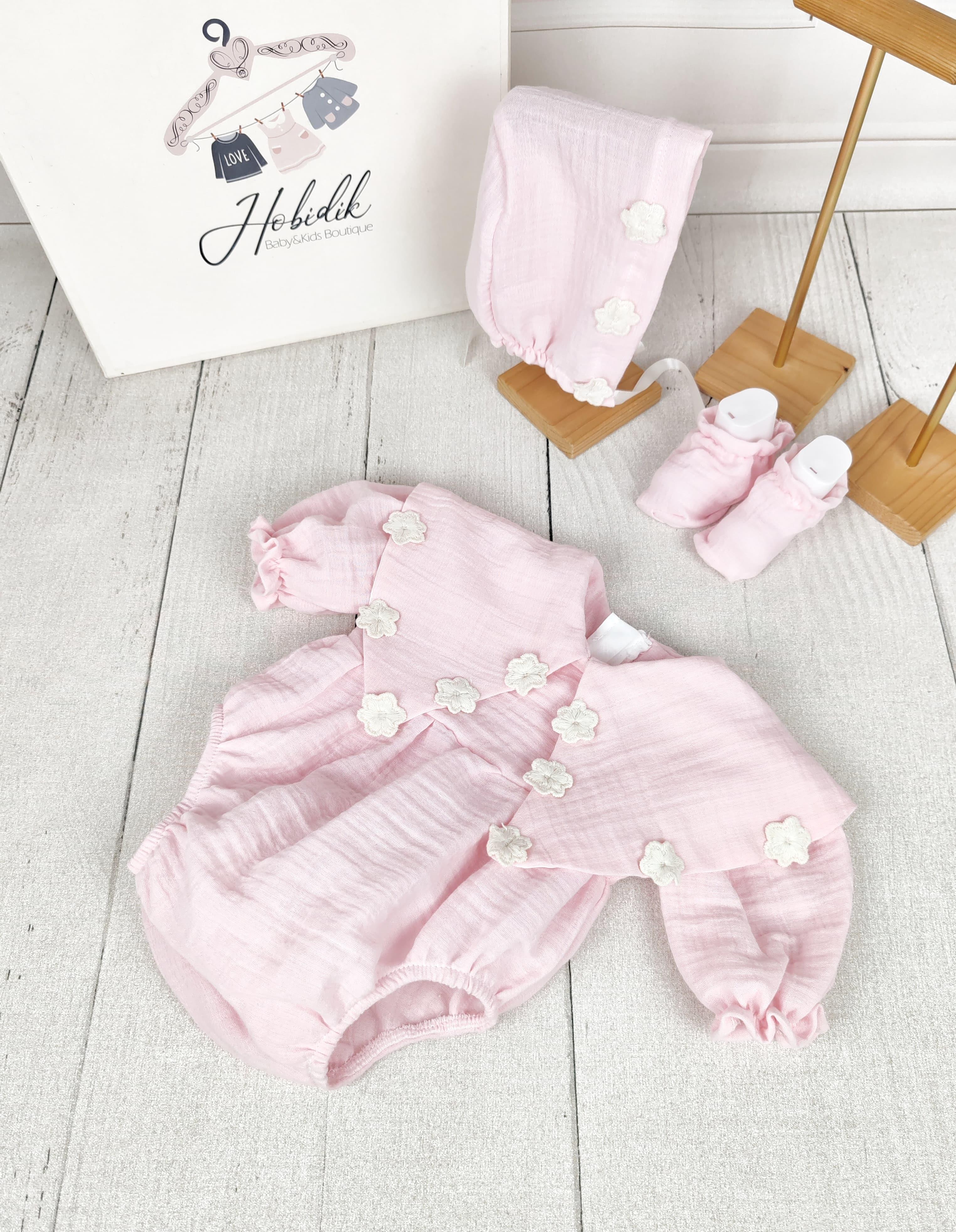 Açık Pembe Çift Kat Müslin Kumaş Romper Tulum