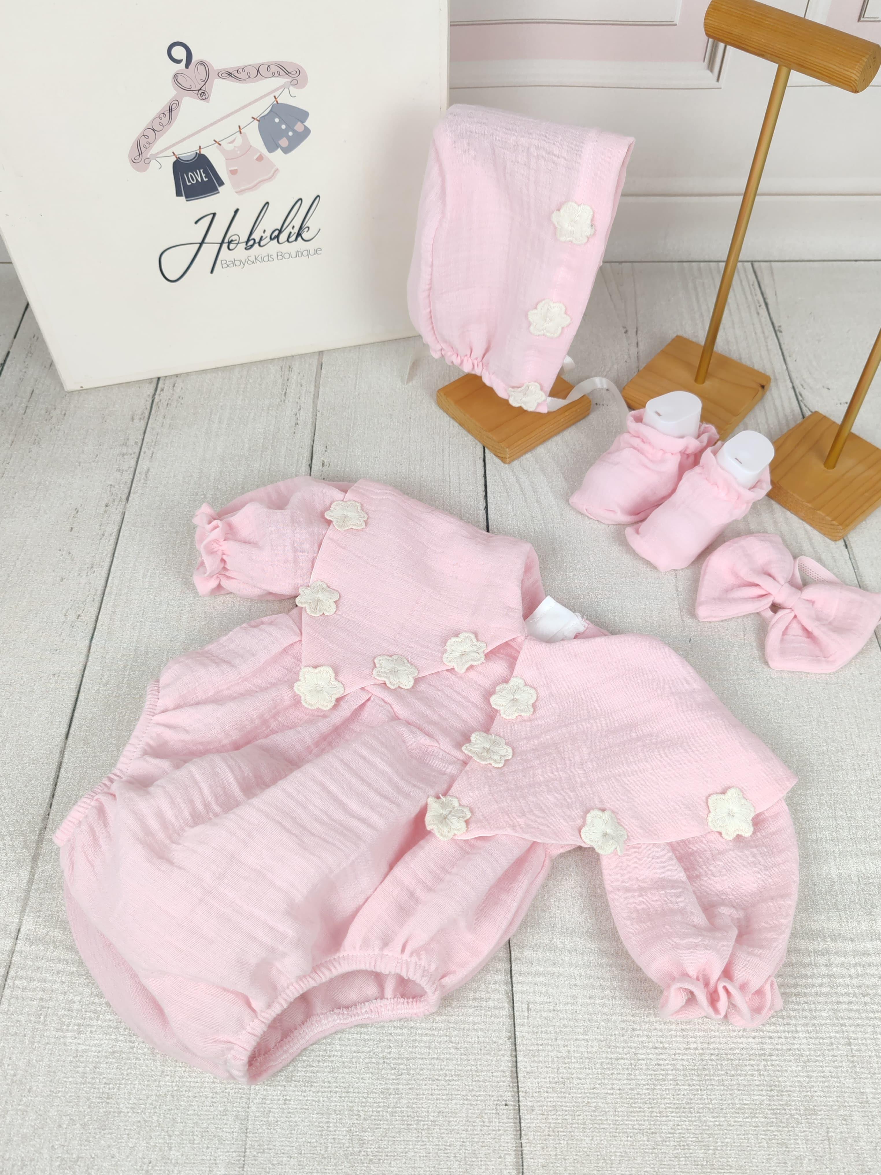 Açık Pembe Çift Kat Müslin Kumaş Romper Tulum