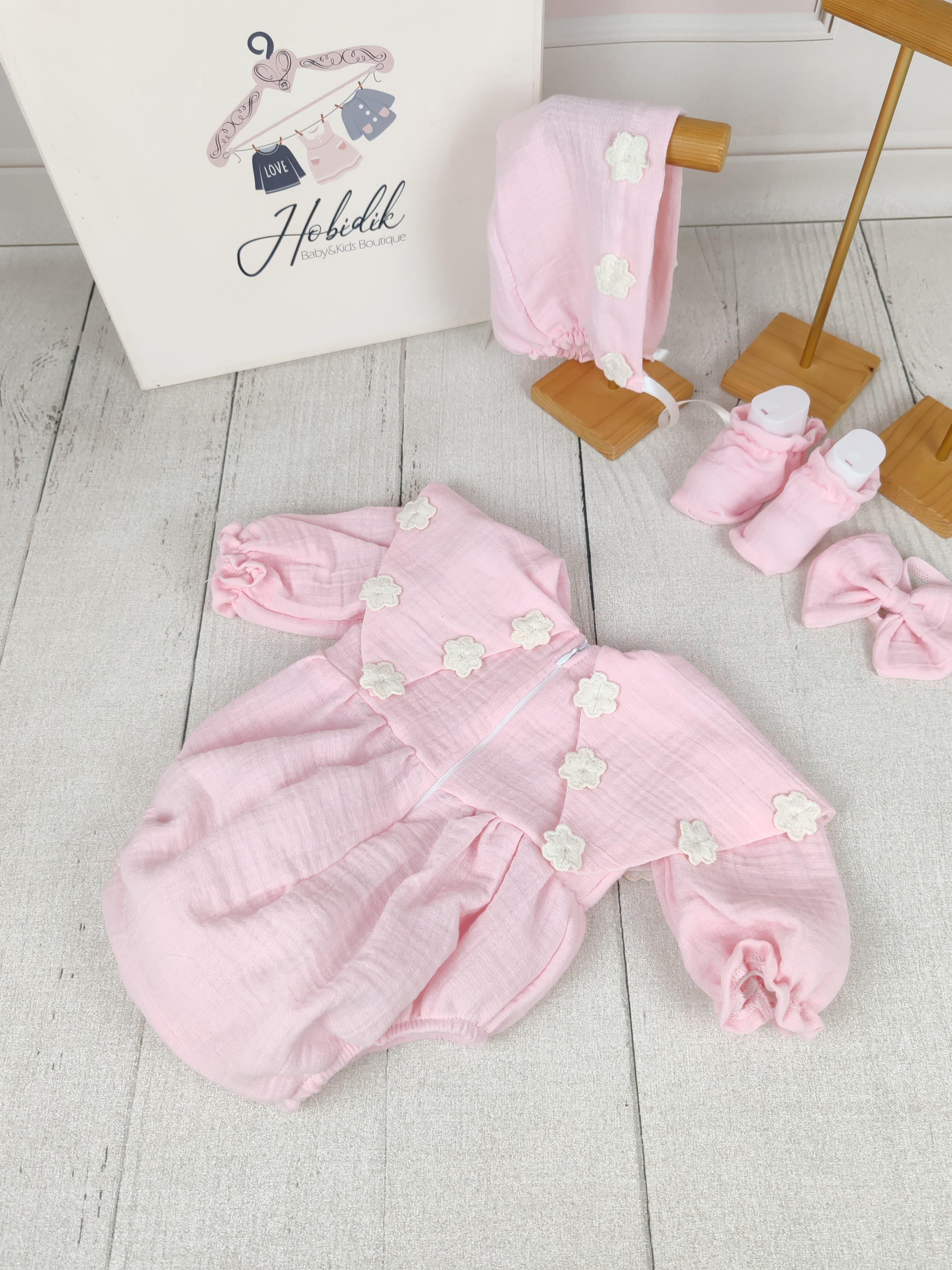 Açık Pembe Çift Kat Müslin Kumaş Romper Tulum