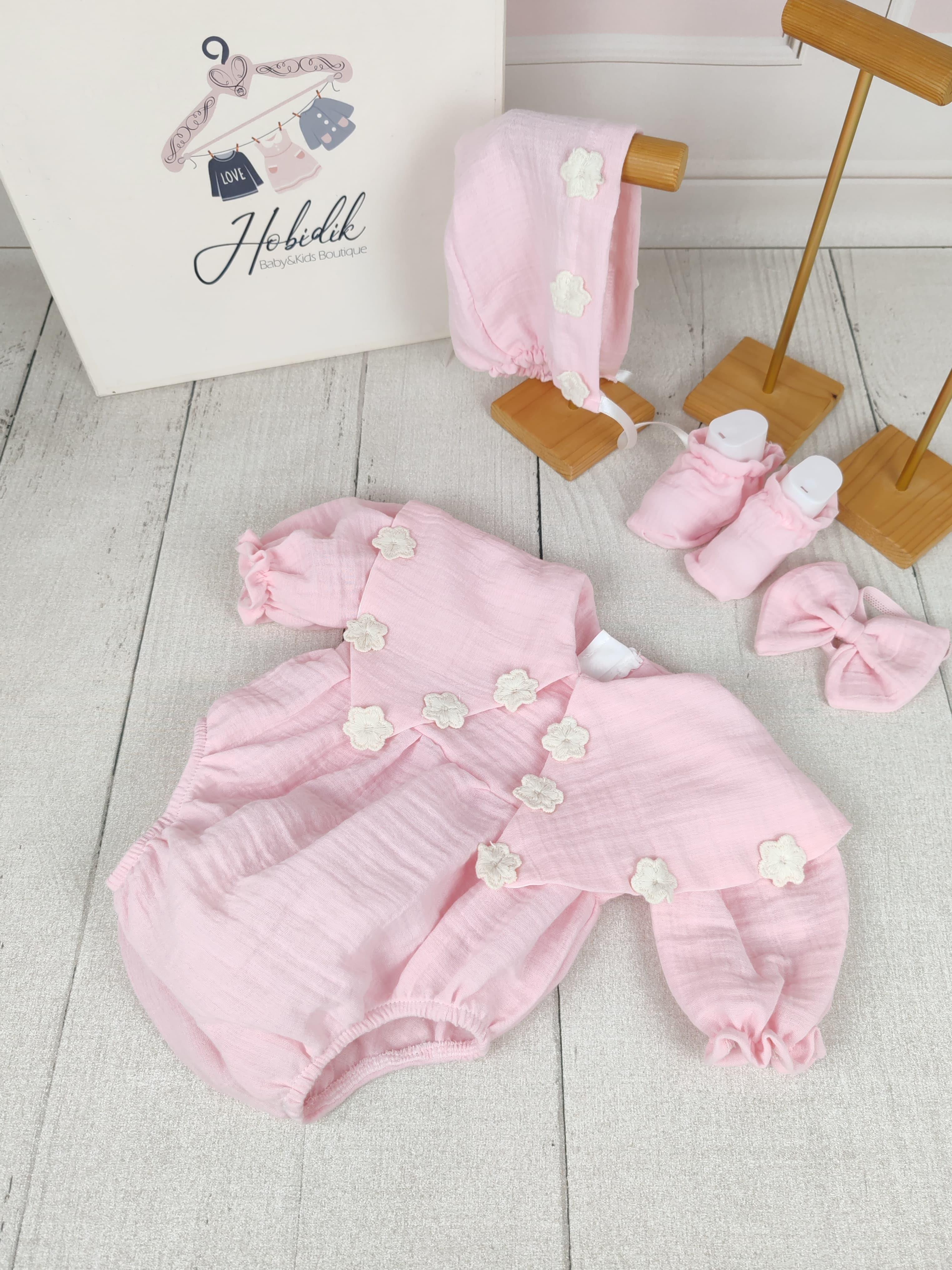 Açık Pembe Çift Kat Müslin Kumaş Romper Tulum