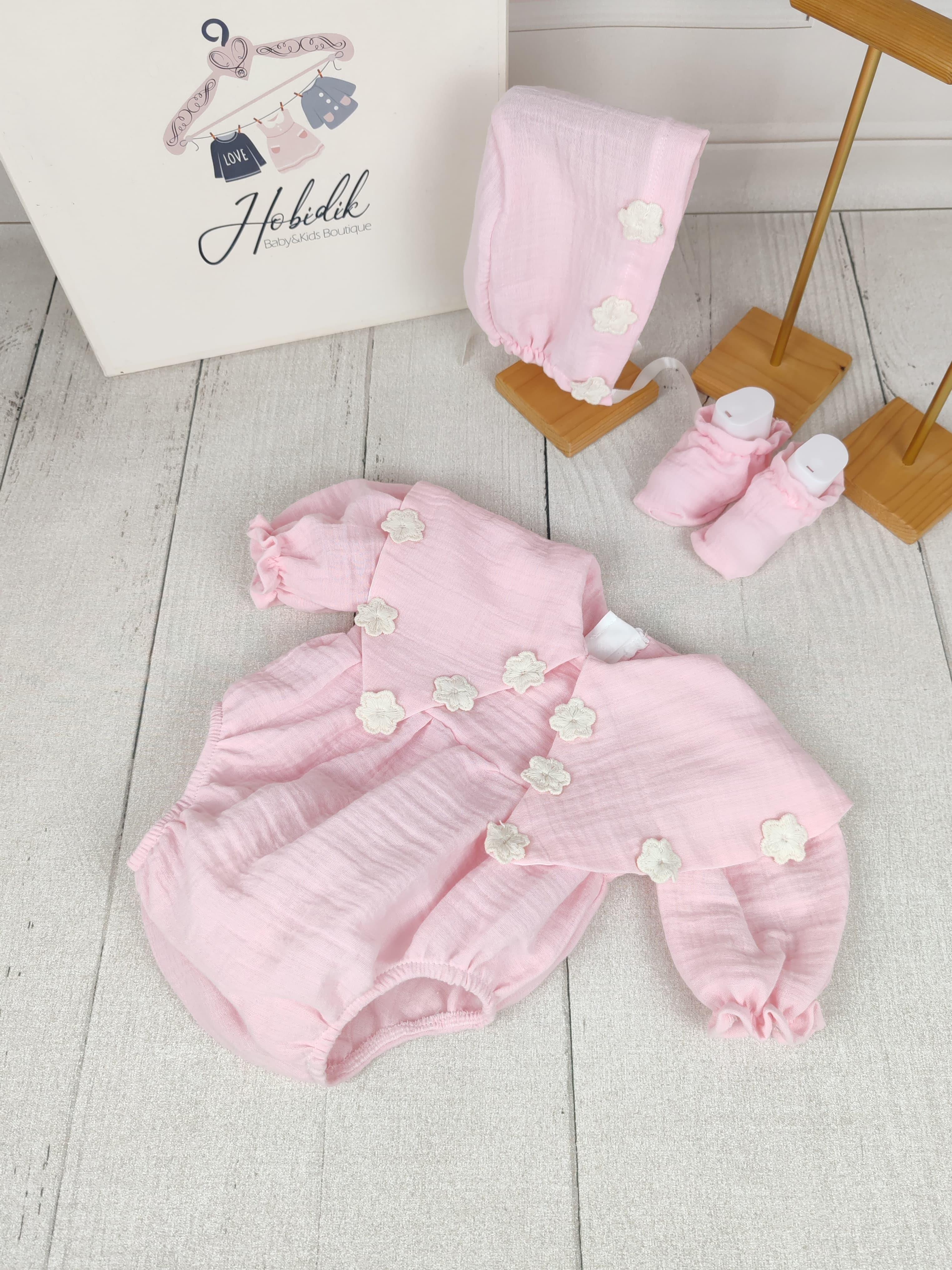Açık Pembe Çift Kat Müslin Kumaş Romper Tulum