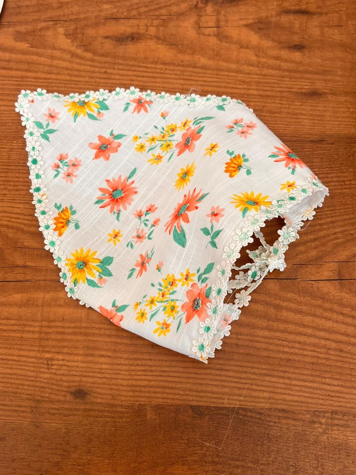 Anne Bebek Çocuk Keten Çiçekli  Üçgen Bandana | Pamuklu Bağlamalı Fisto Bandana Standart Ölçü