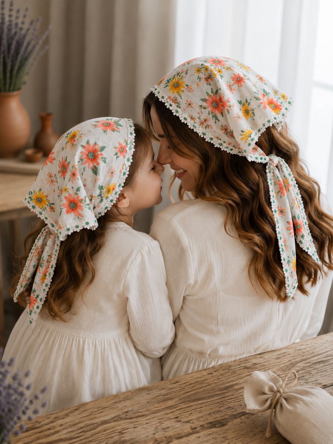 Anne Bebek Çocuk Keten Çiçekli  Üçgen Bandana | Pamuklu Bağlamalı Fisto Bandana Standart Ölçü