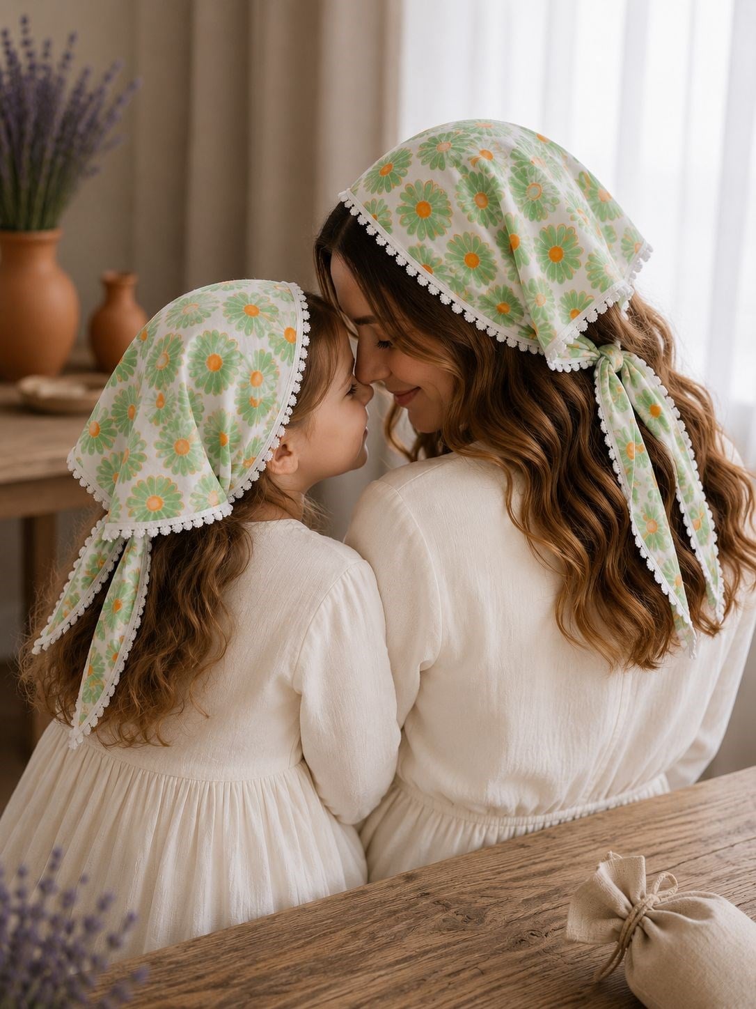 Anne Bebek Çocuk Yeşil Çiçekli Üçgen Bandana | Pamuklu Bağlamalı Fisto Bandana Standart Ölçü