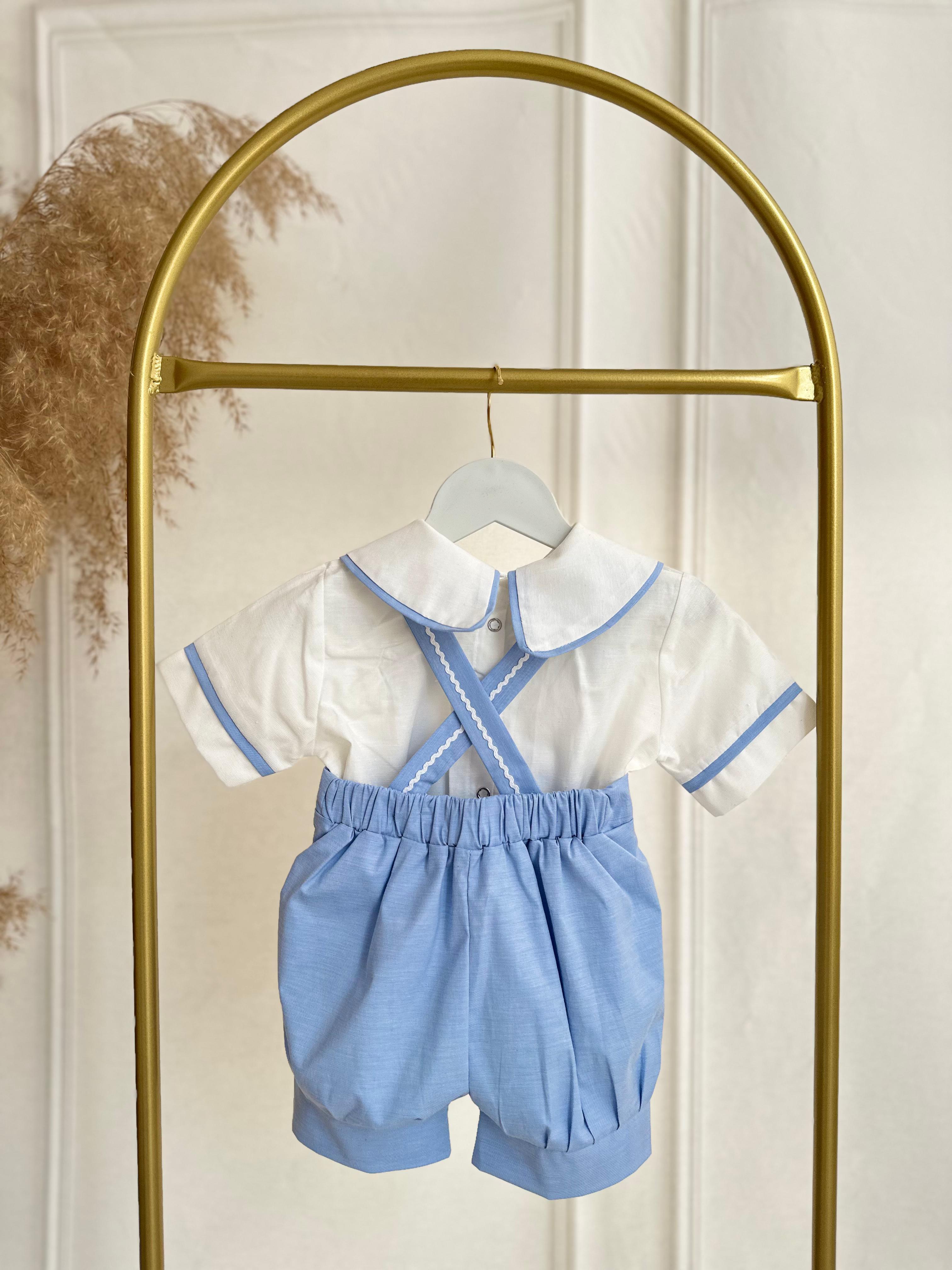 Bebe Mavi Poplin Kumaş Şortlu Salopet Alt Üst Takım