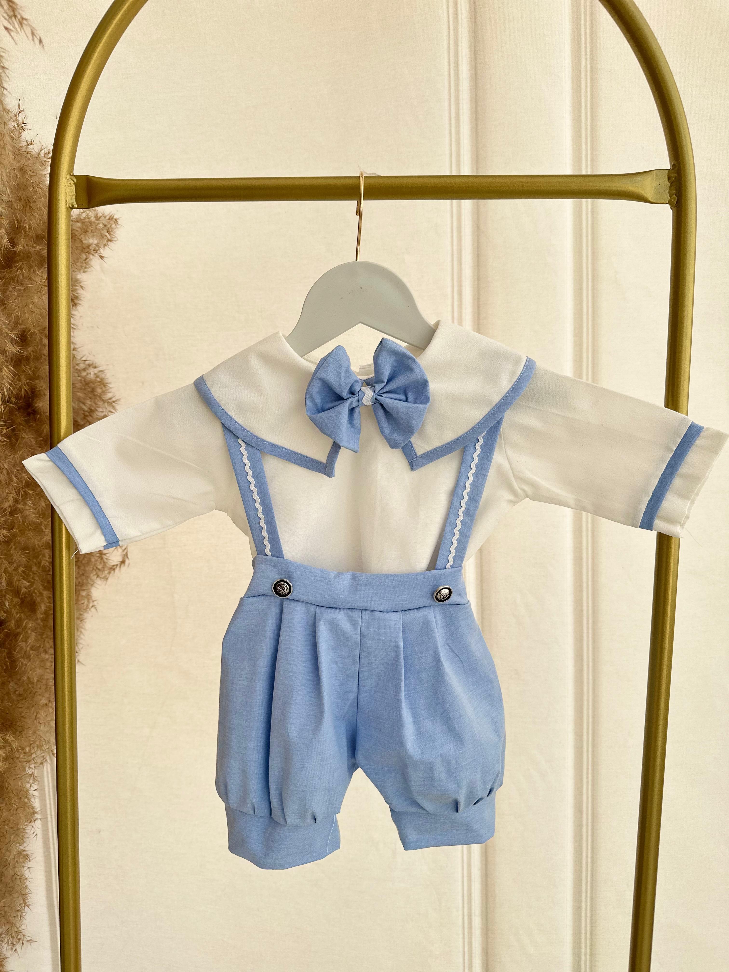 Bebe Mavi Poplin Kumaş Şortlu Salopet Alt Üst Takım