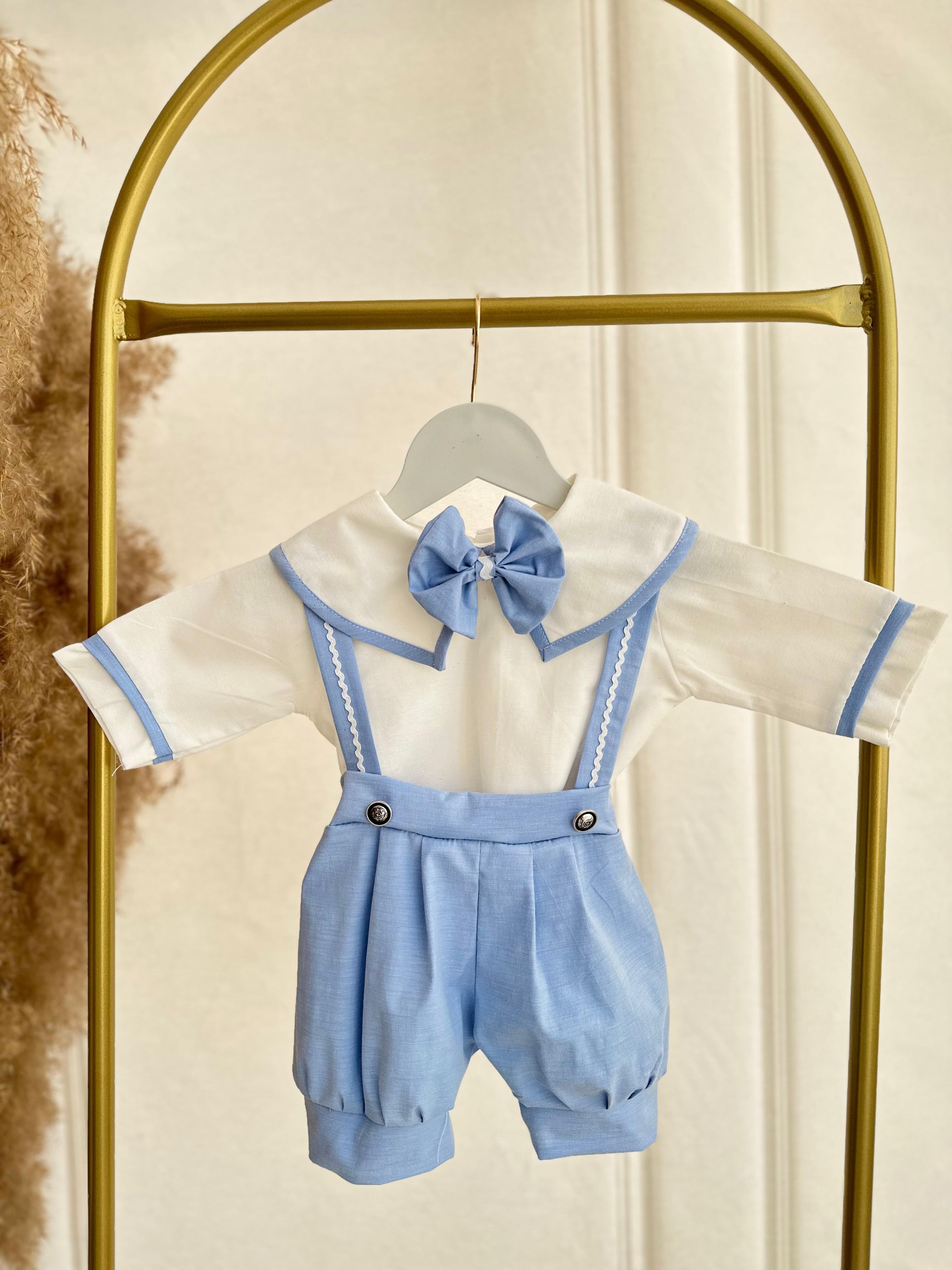 Bebe Mavi Poplin Kumaş Şortlu Salopet Alt Üst Takım