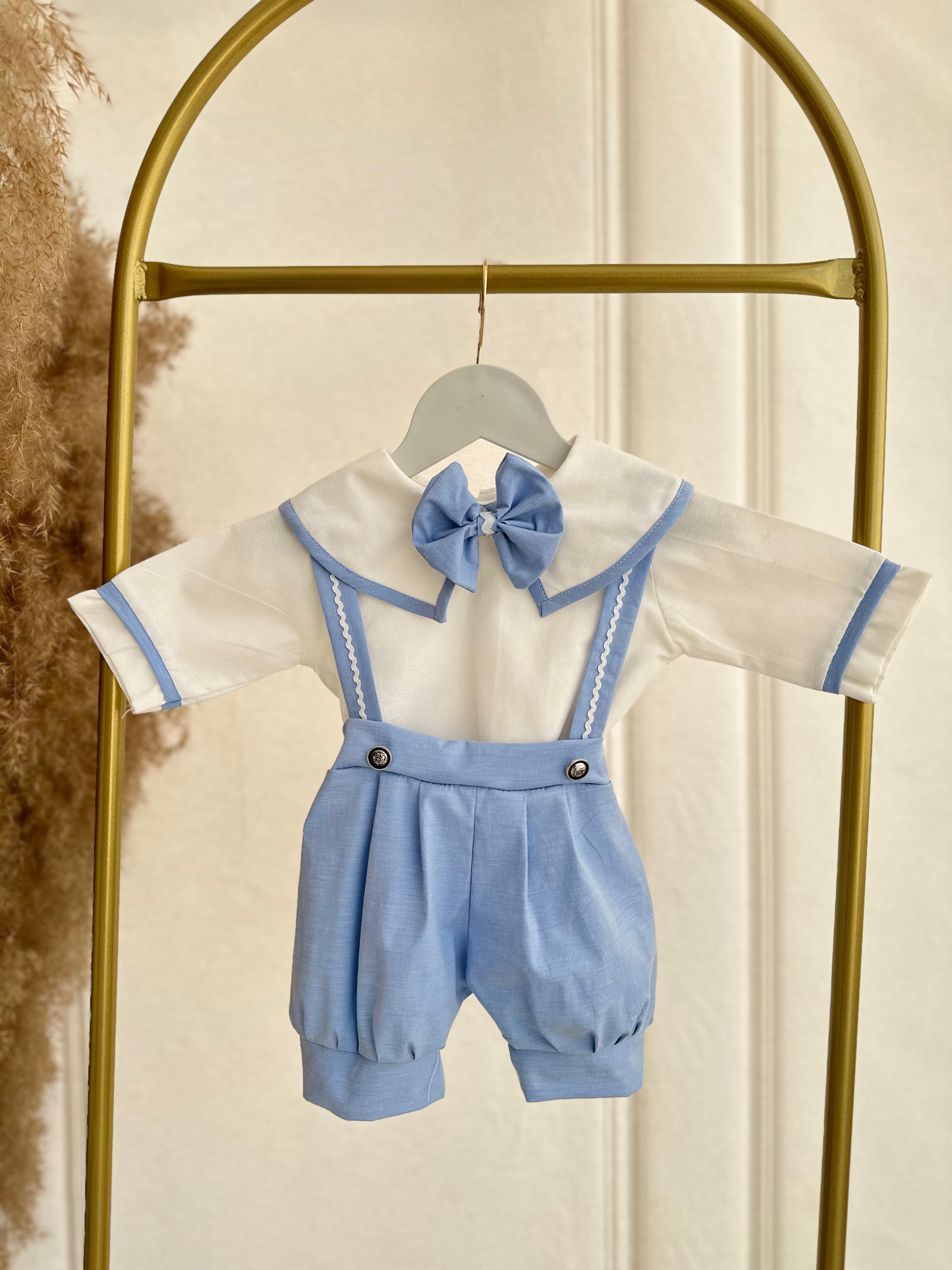 Bebe Mavi Poplin Kumaş Şortlu Salopet Alt Üst Takım