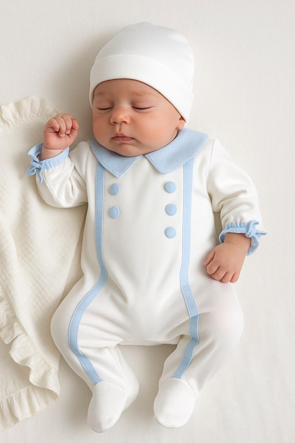 Beyaz Bebe Mavi Önden Düğmeli Tulum Set