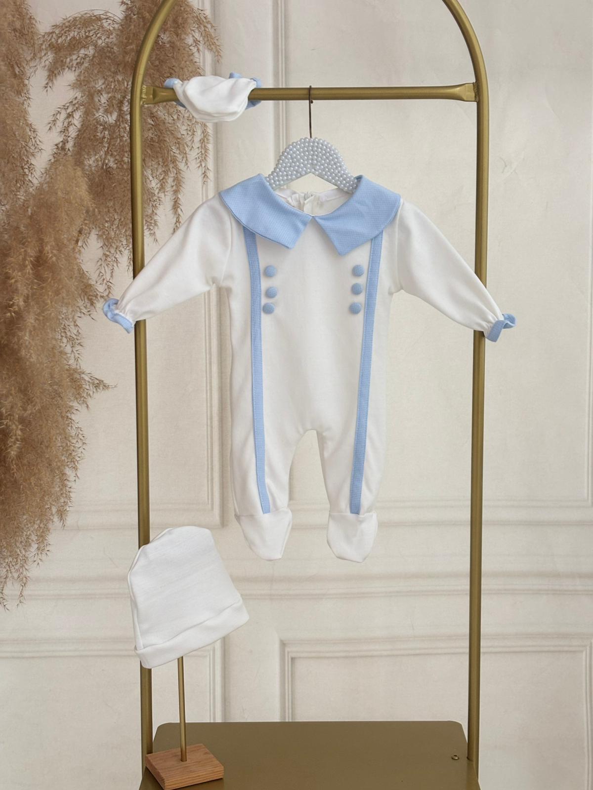 Beyaz Bebe Mavi Önden Düğmeli Tulum Set