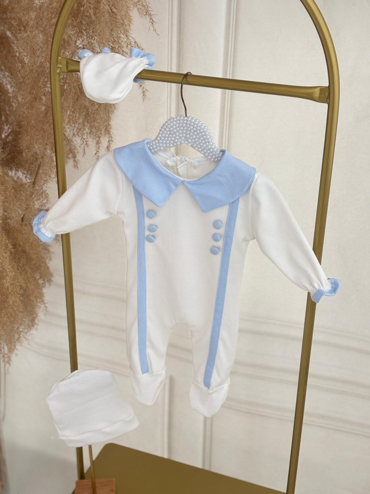 Beyaz Bebe Mavi Önden Düğmeli Tulum Set