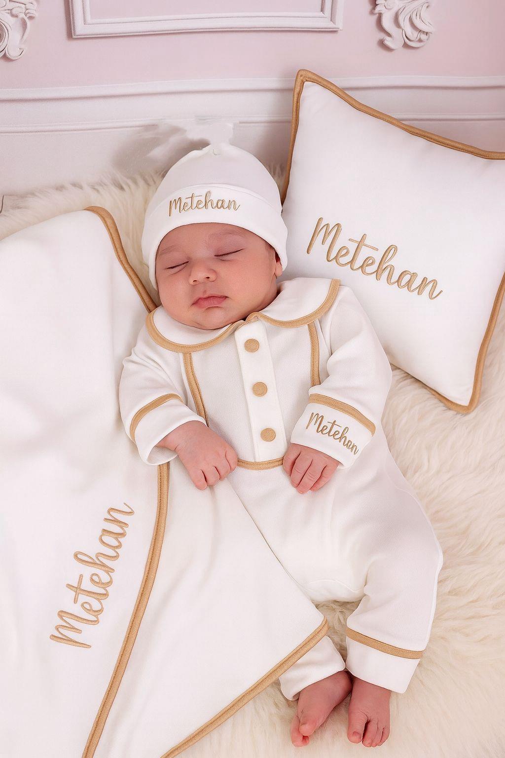 Beyaz Kahve Biyeli Önden Düğmeli  Bebe Yaka Komple Set