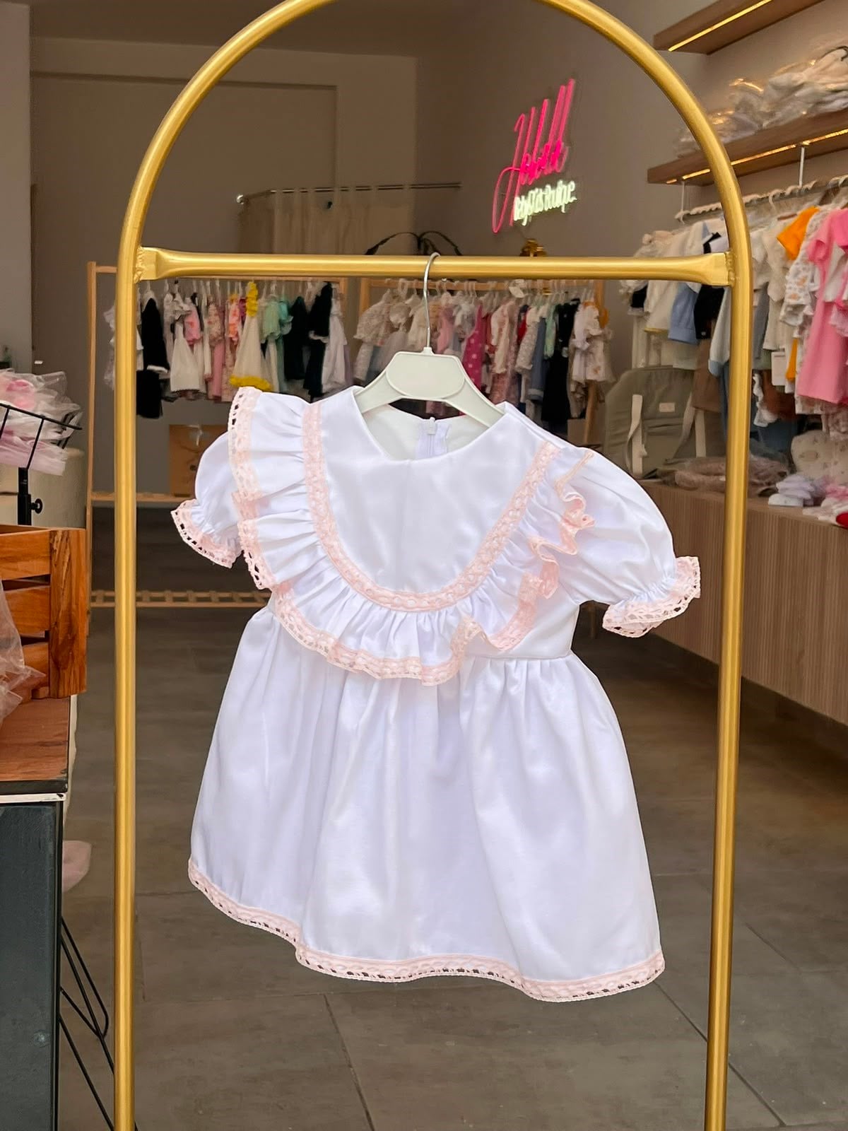Beyaz Pamuk Saten Pembe Dantelli KızÇocuk Elbise