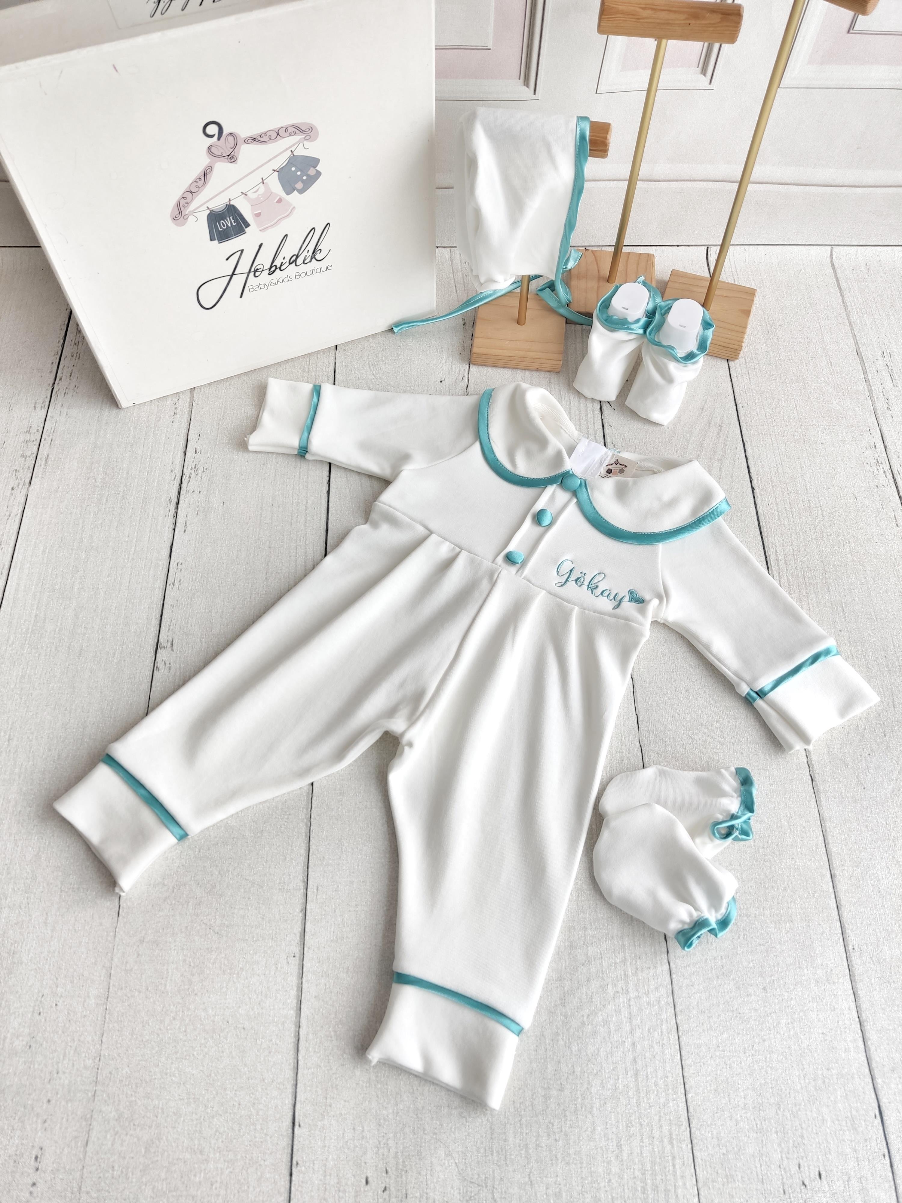 Beyaz Yeşil Bebe Yaka Düğmeli İsim İşlemeli Tulum Set