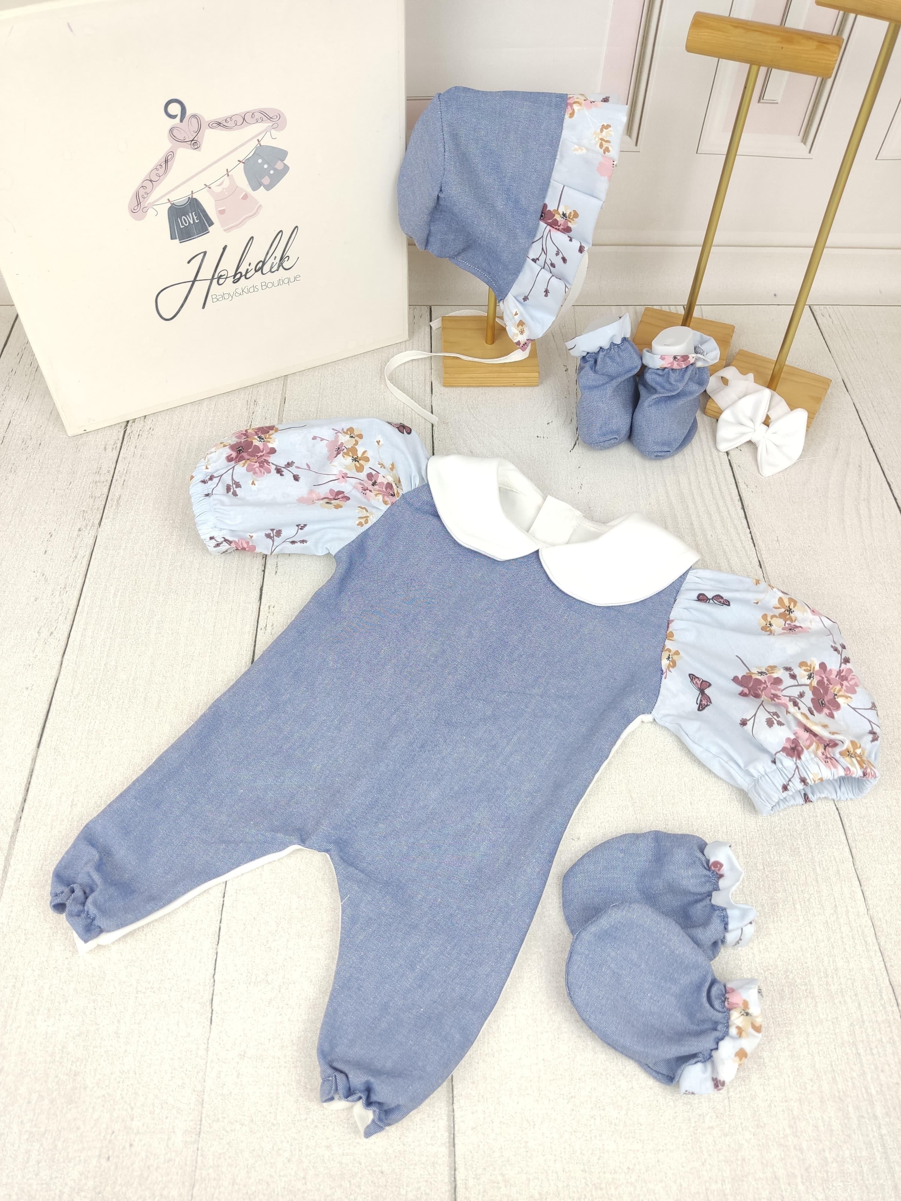 Çiçek Desenli Bebe Yaka Tulum Set