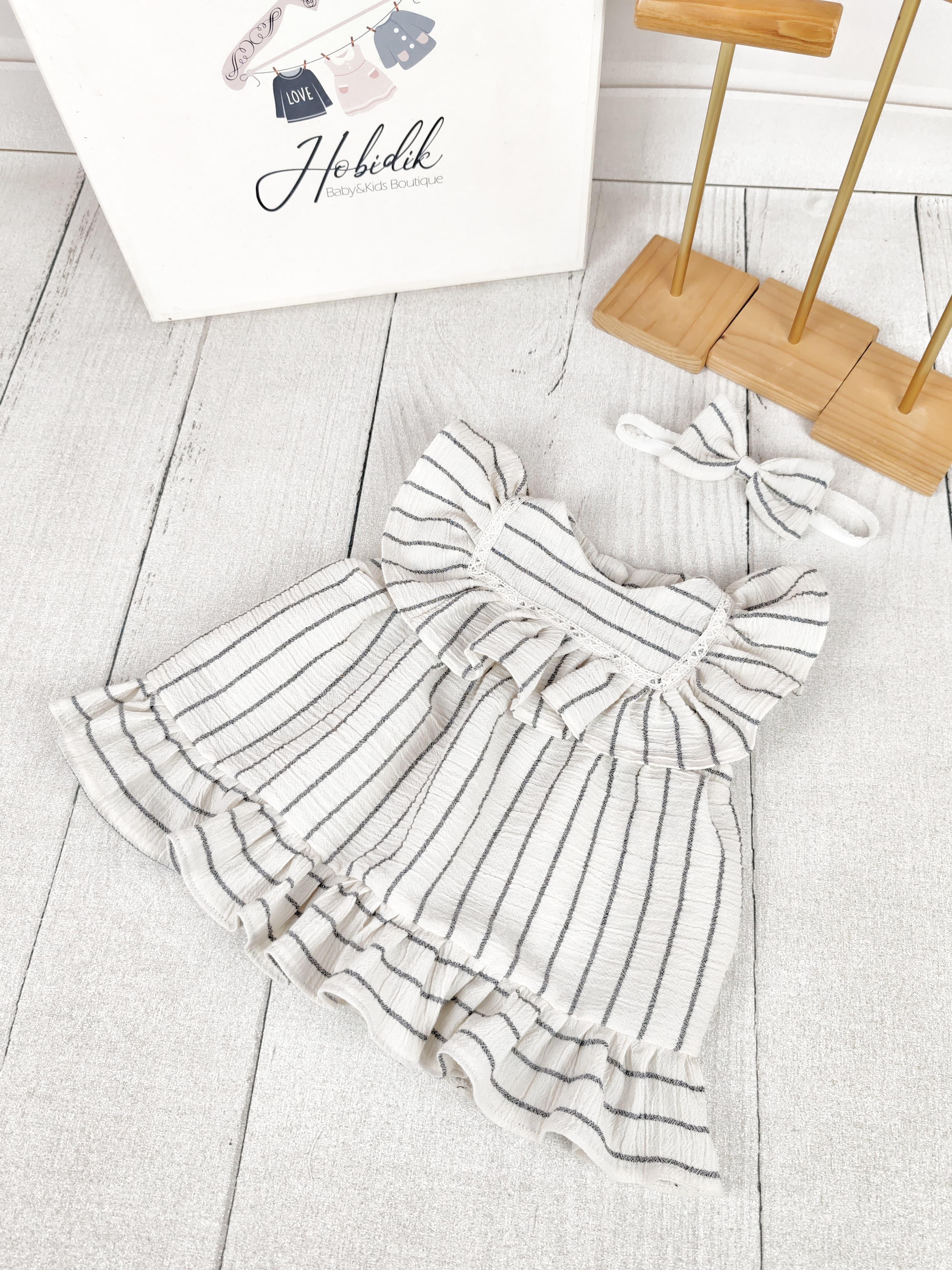 Çizgili Fırfır Detaylı Müslin Elbise 0-3 Ay
