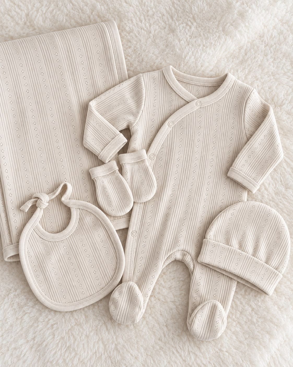 Ekru File Dokulu Delikli Desenli Unisex Bebek Hastane Çıkışı 5'li Set