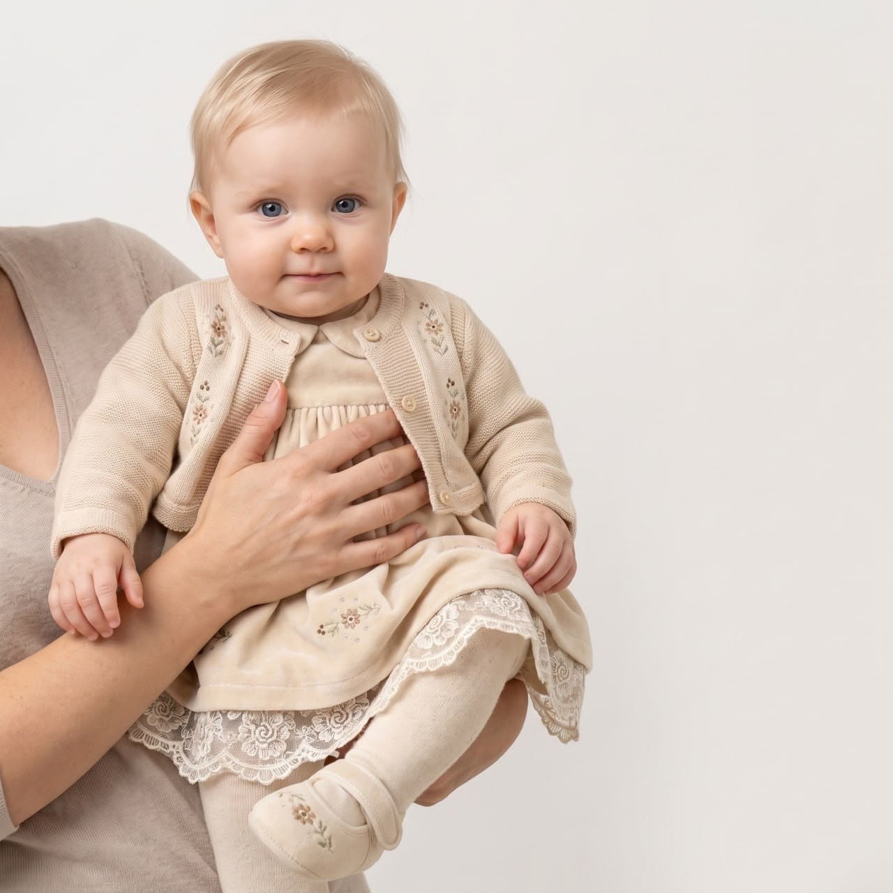 Ekru Krem Vintage Kadife Kız Bebek Elbise 4'lü Set – Nakışlı Triko Hırkalı Dantelli Kutulu Takım