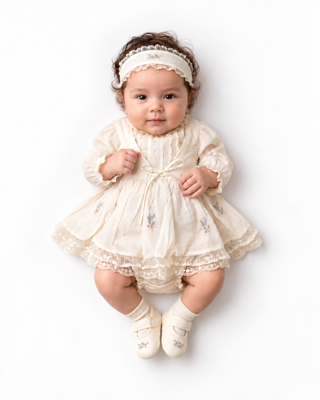 Ekru Krem Vintage Pamuk Kız Bebek Elbise 5'li Set – Nakışlı Dantelli Kutulu Takım