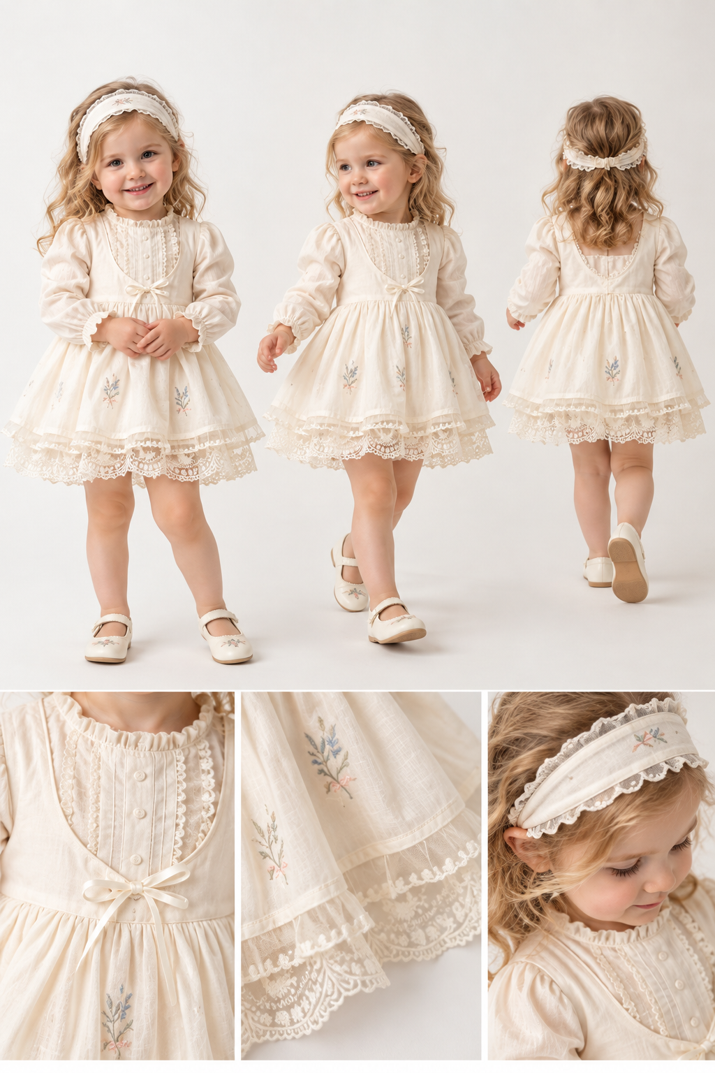 Ekru Krem Vintage Pamuk Kız Bebek Elbise 3'lü Set – Nakışlı Dantelli Bandanalı Takım