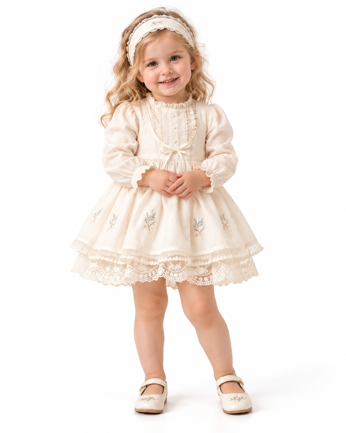 Ekru Krem Vintage Pamuk Kız Bebek Elbise 3'lü Set – Nakışlı Dantelli Bandanalı Takım