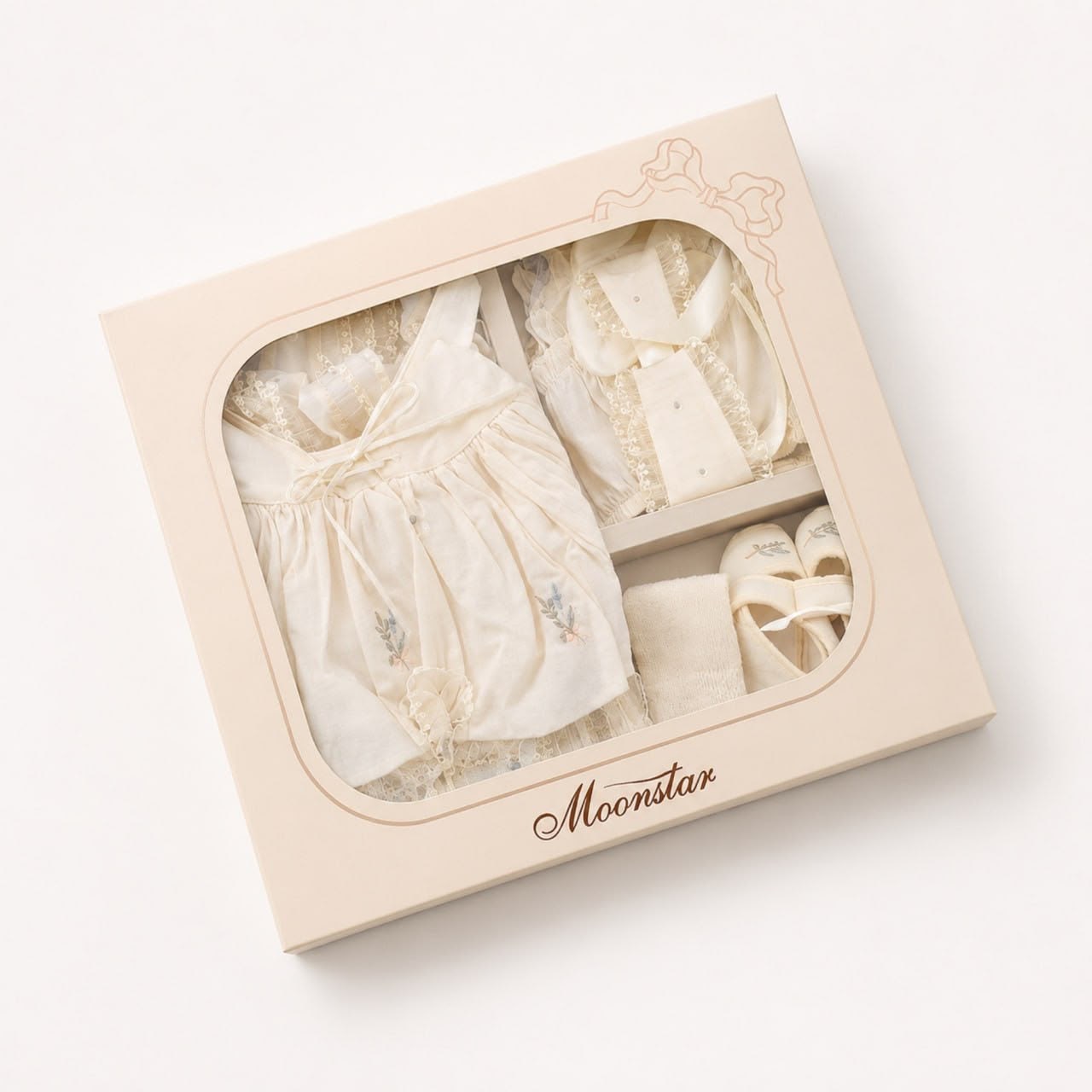 Ekru Krem Vintage Pamuk Kız Bebek Elbise 5'li Set – Nakışlı Dantelli Kutulu Takım