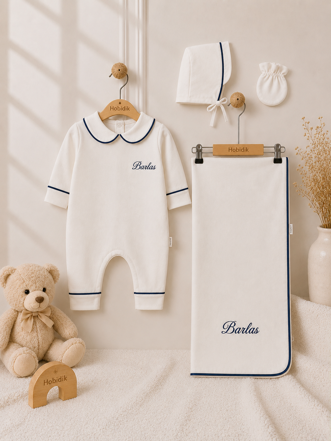 Erkek Bebek Lacivert Biyeli Battaniyeli Tulum Set 