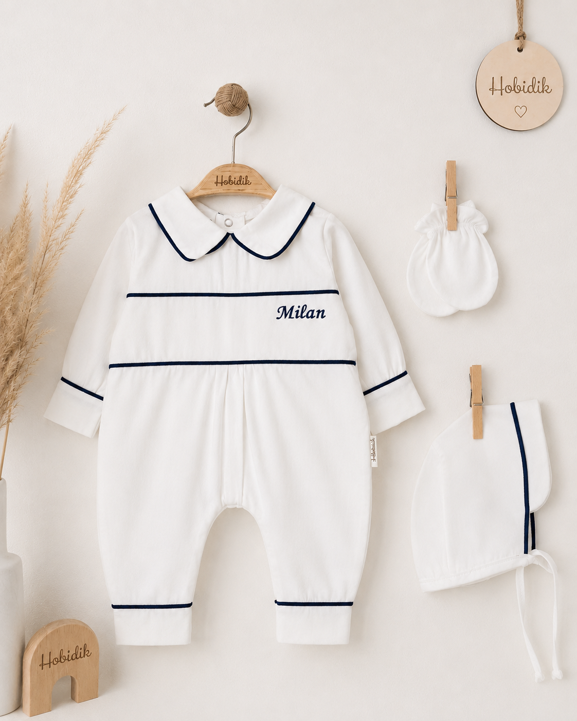 Erkek Bebek Lacivert Biyeli Pamuk Saten Tulum Set