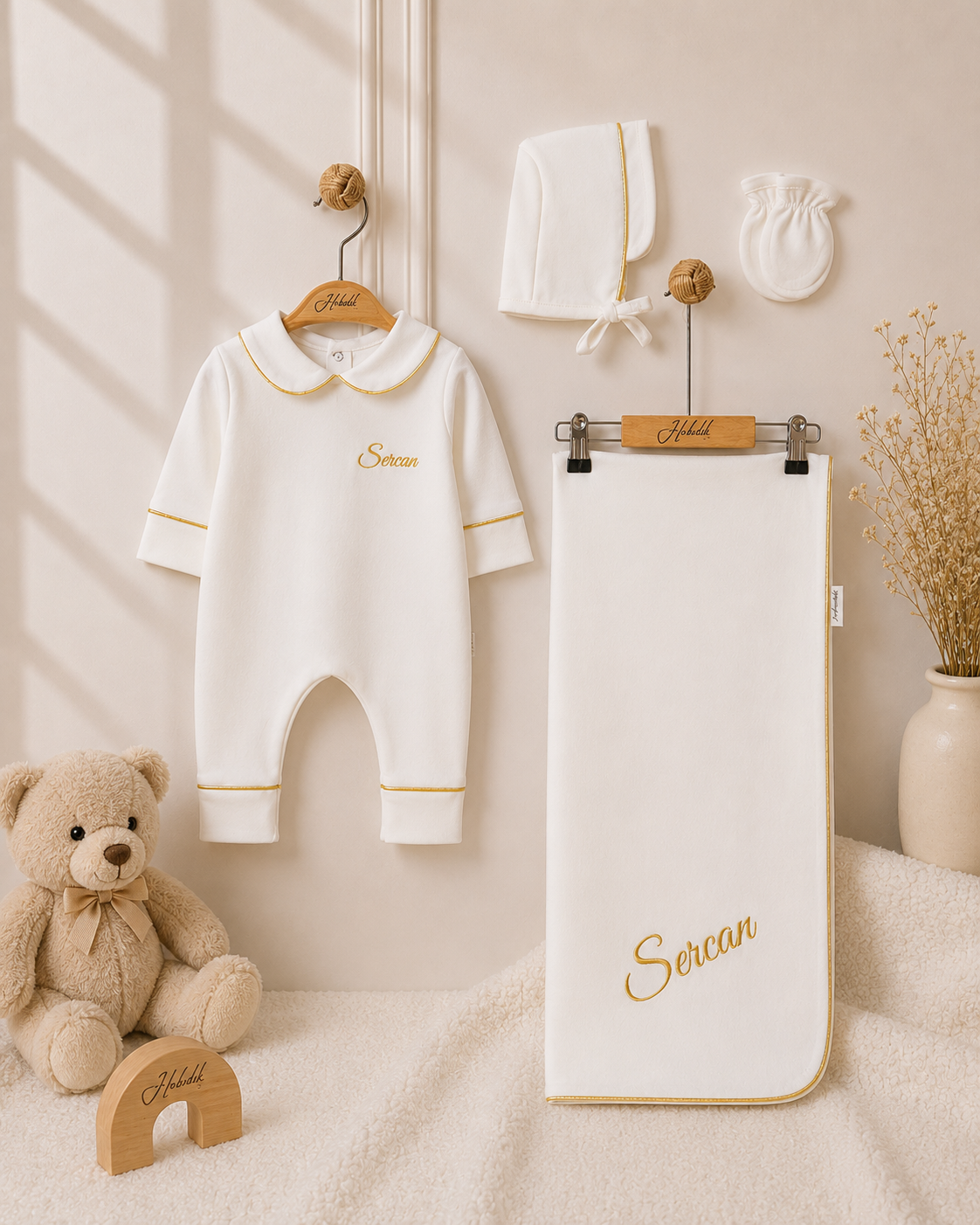 Erkek Bebek Simli Gold Biyeli Battaniyeli Tulum Set 