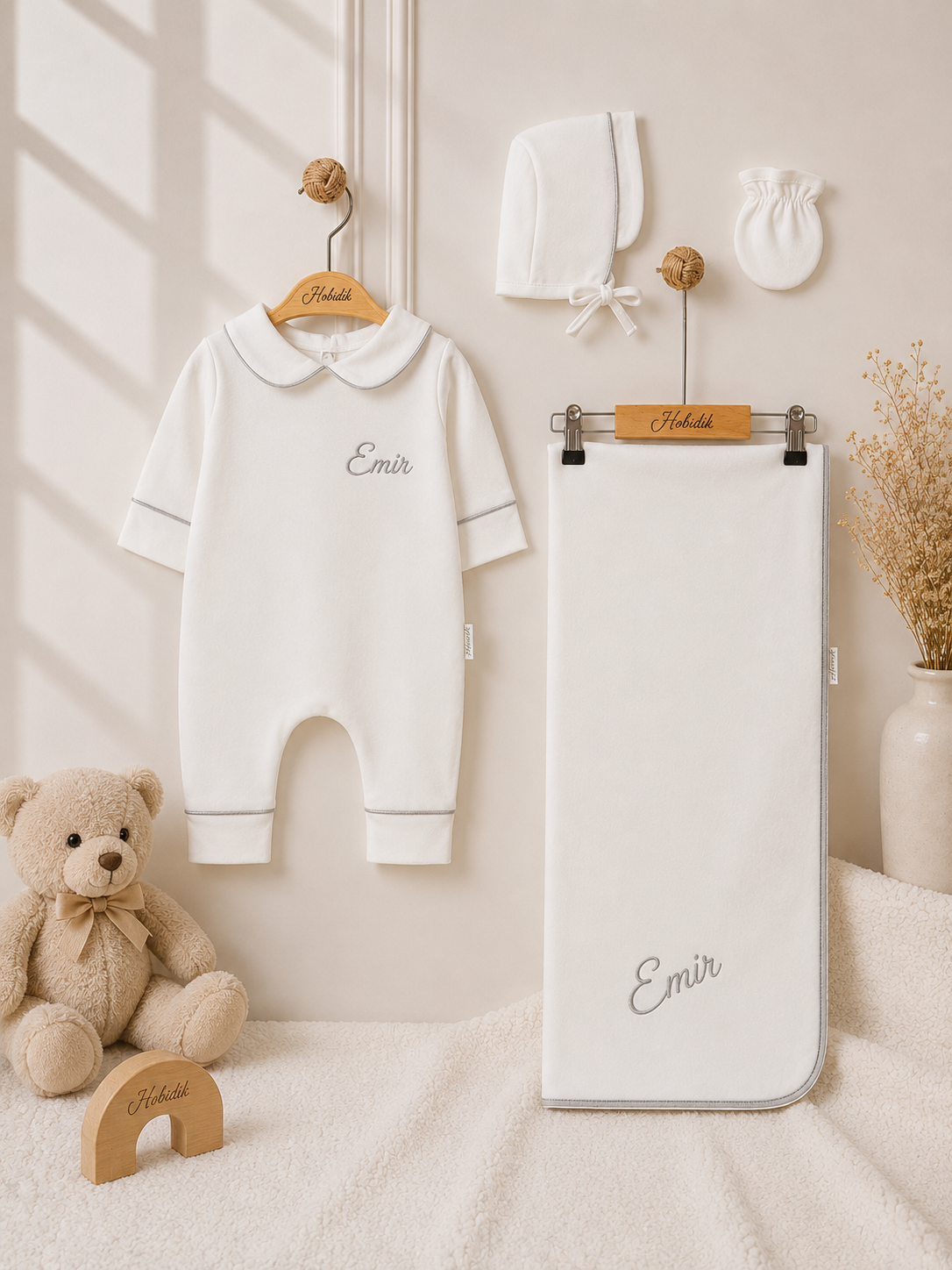 Erkek Bebek Simli Gri Biyeli Battaniyeli Tulum Set