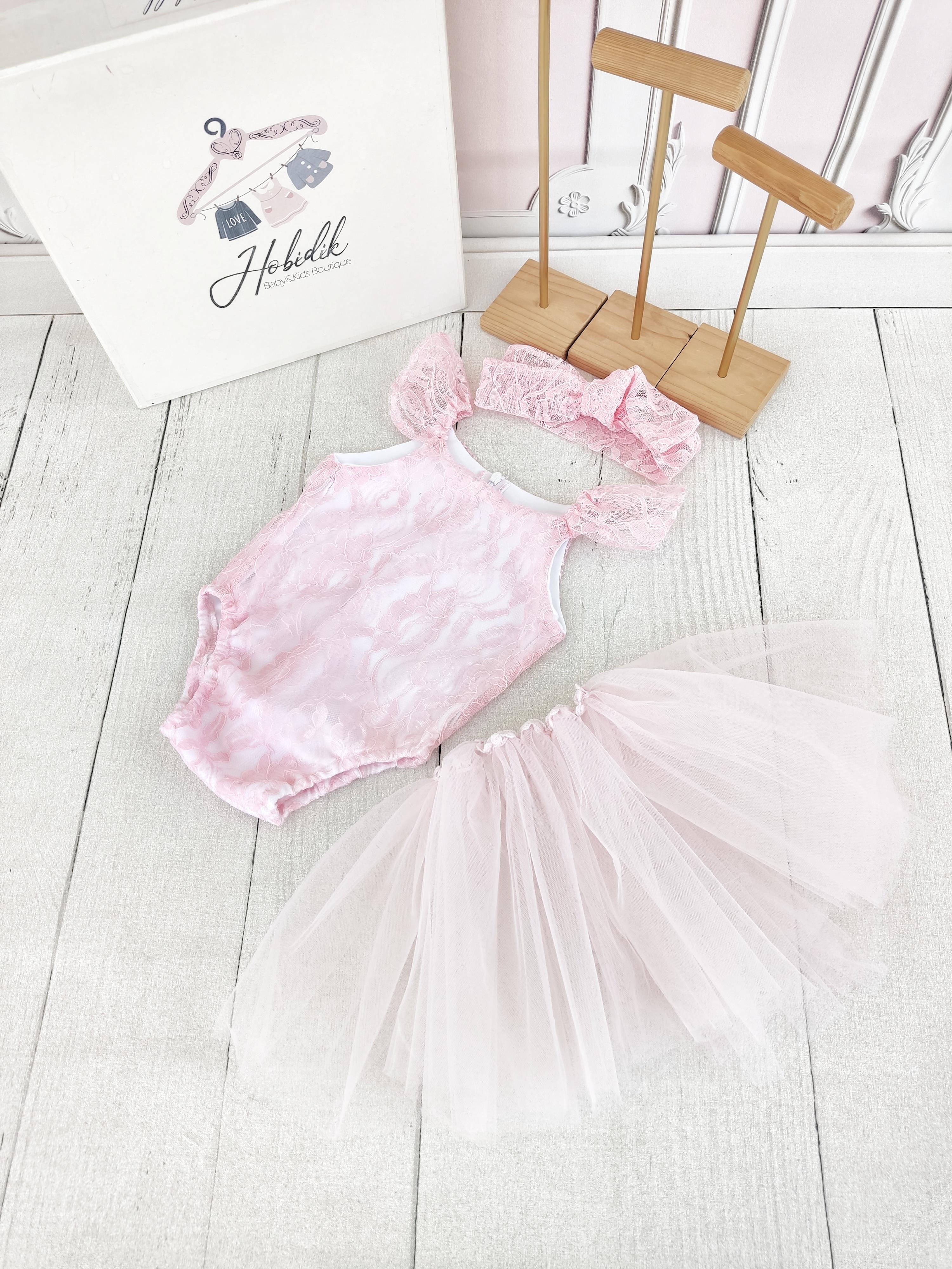 Eteği Çıkarılabilir Pembe Dantelli Romper Tulum Set