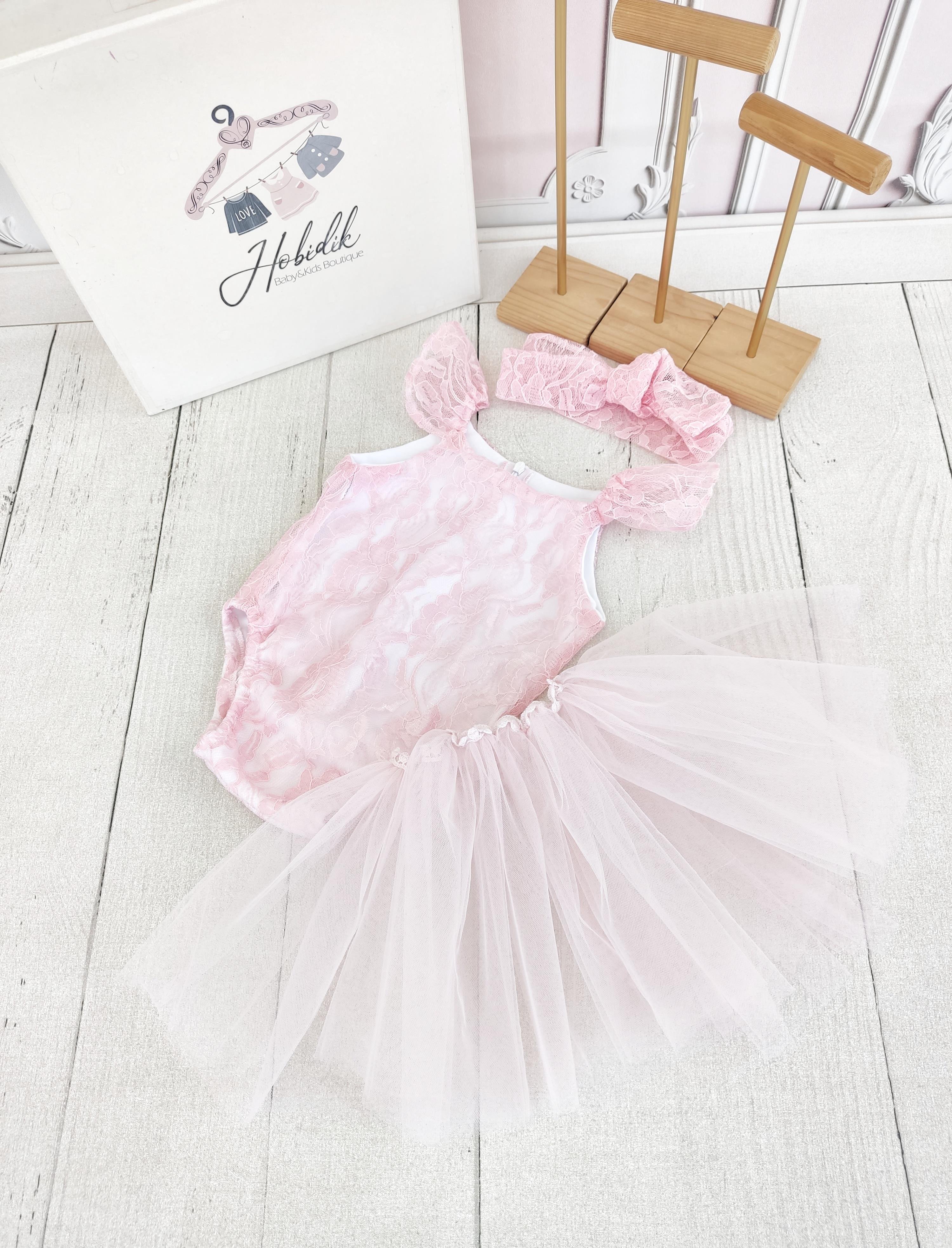 Eteği Çıkarılabilir Pembe Dantelli Romper Tulum Set
