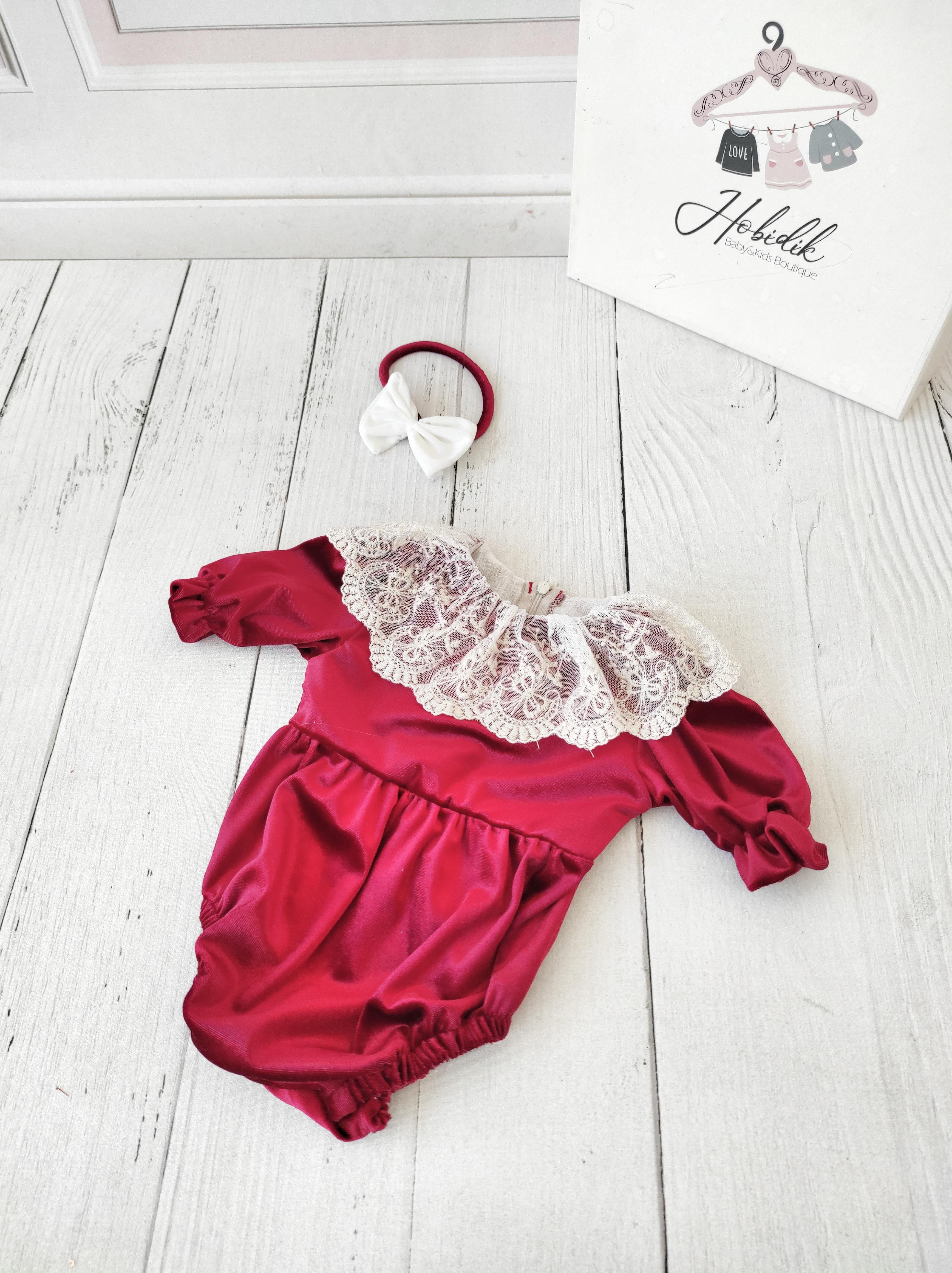 Kırmızı Kadife Romper Tulum Set