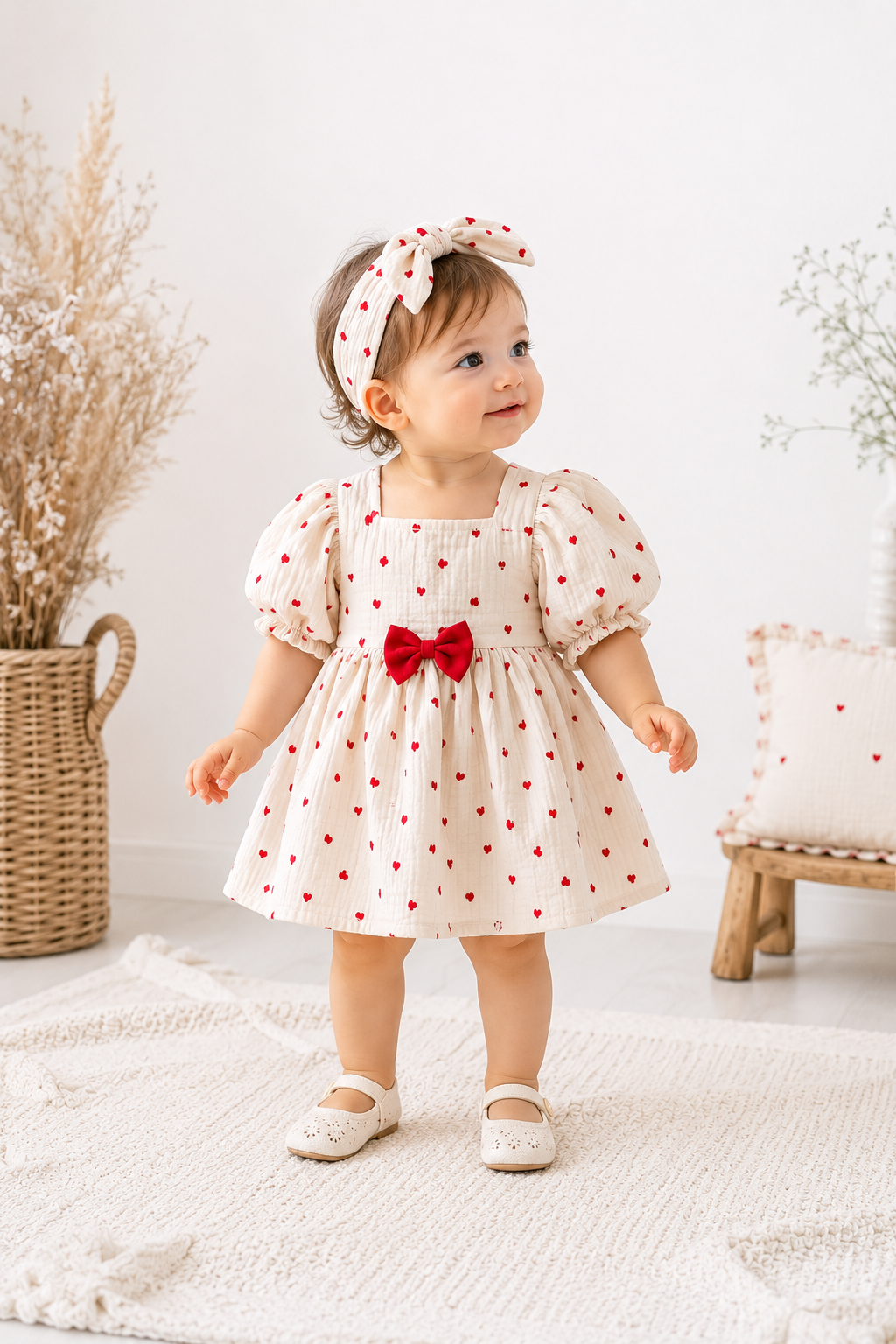 Kırmızı Kalpli Müslin Bebek Elbisesi – Kız Çocuk Yazlık Elbise