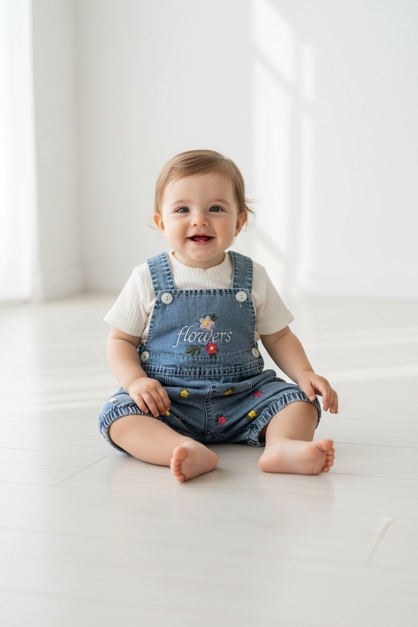 Kız Bebek Çiçek Nakışlı Kot Salopet Takımı – Penye Tişörtlü 2'li Bebek Takımı (9-24 Ay)