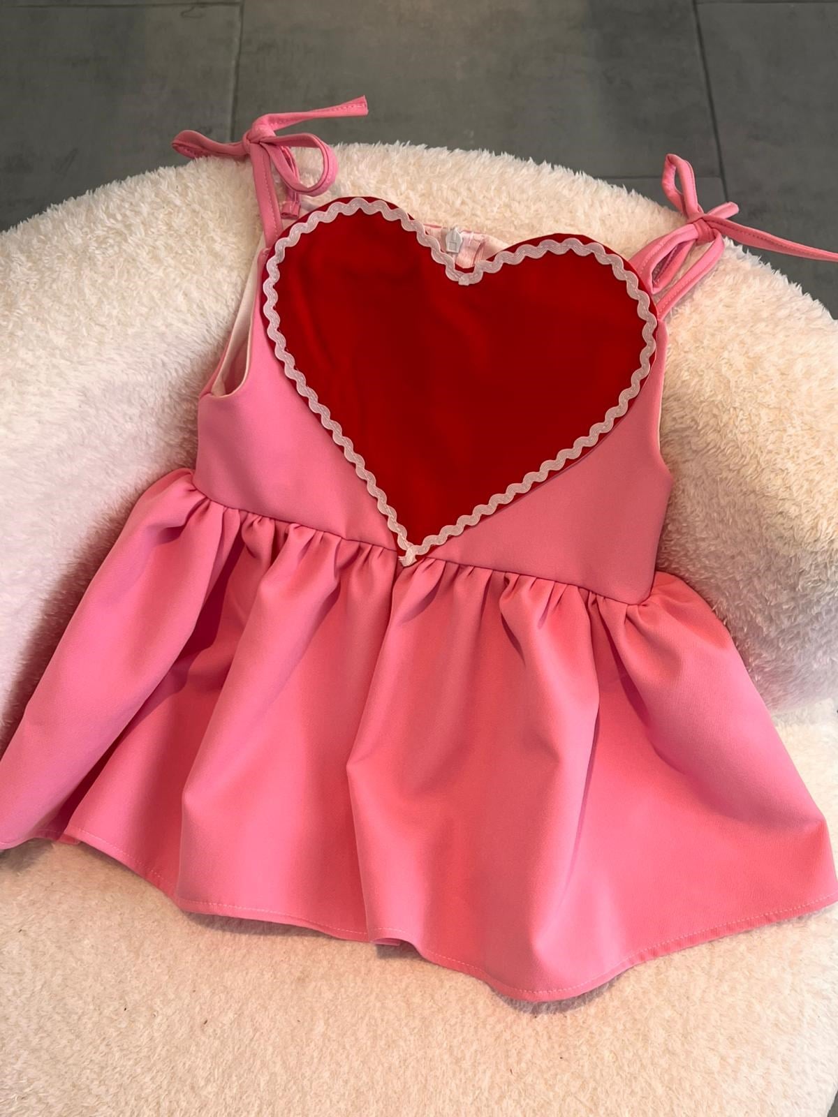 Kız Bebek Çocuk Pembe Krep Elbise | Kalp Detaylı Askılı Yazlık Elbise 1-5 Yaş