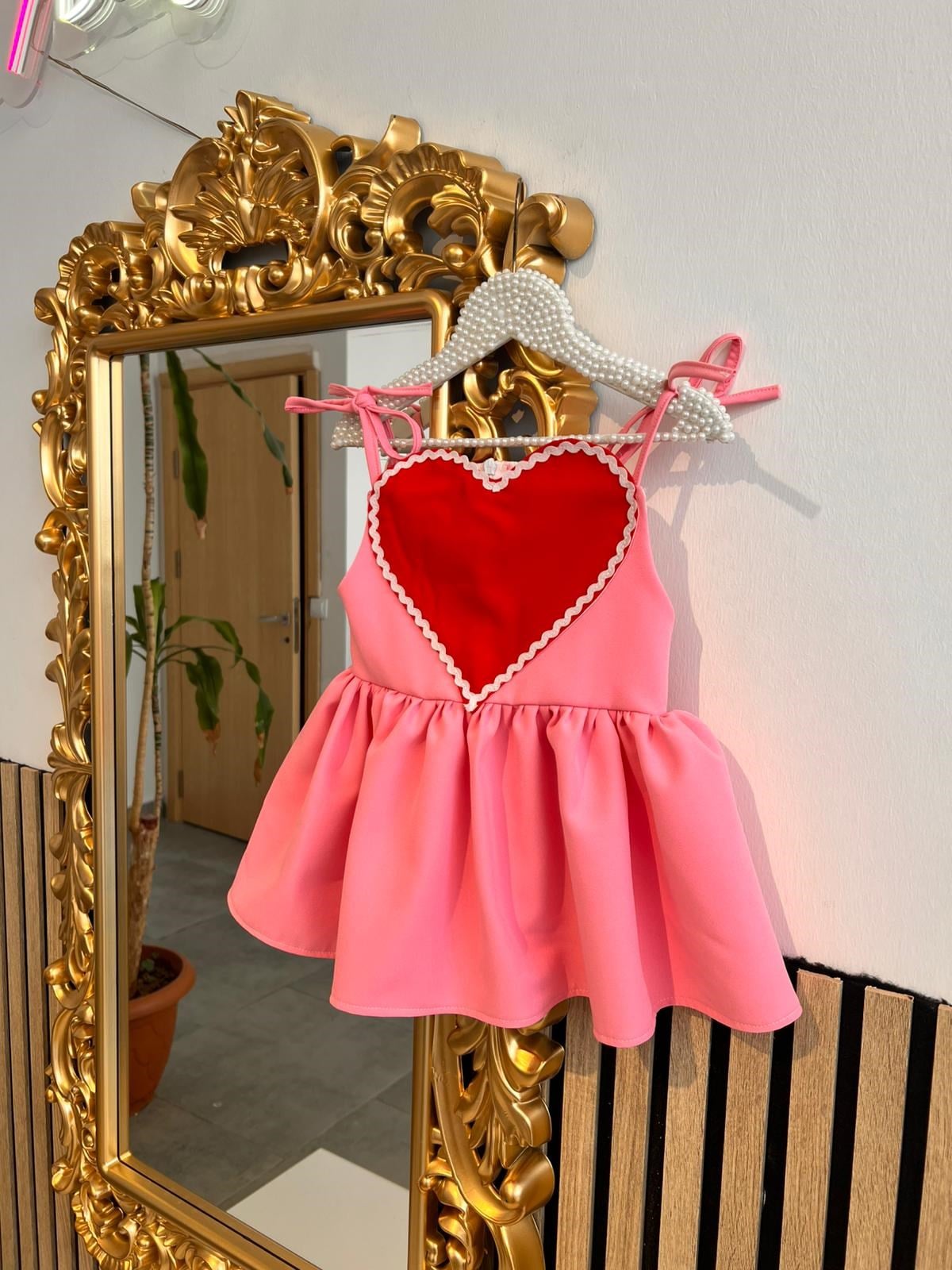 Kız Bebek Çocuk Pembe Krep Elbise | Kalp Detaylı Askılı Yazlık Elbise 1-5 Yaş