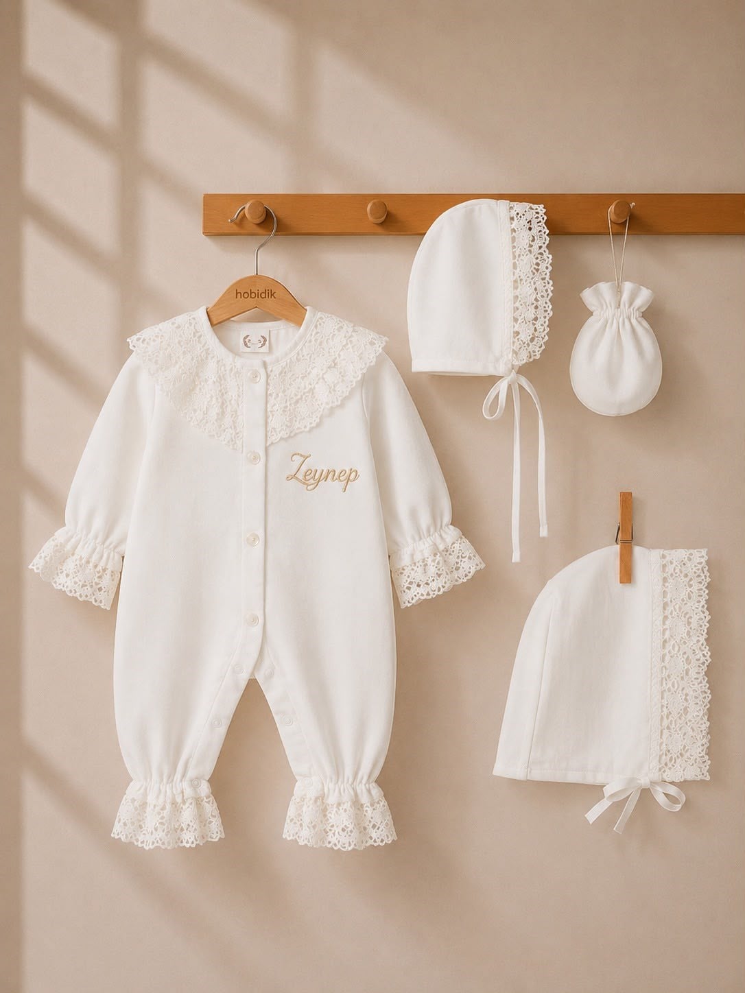 Kız Bebek Ekru  Müslin Dantelli Tulum Set
