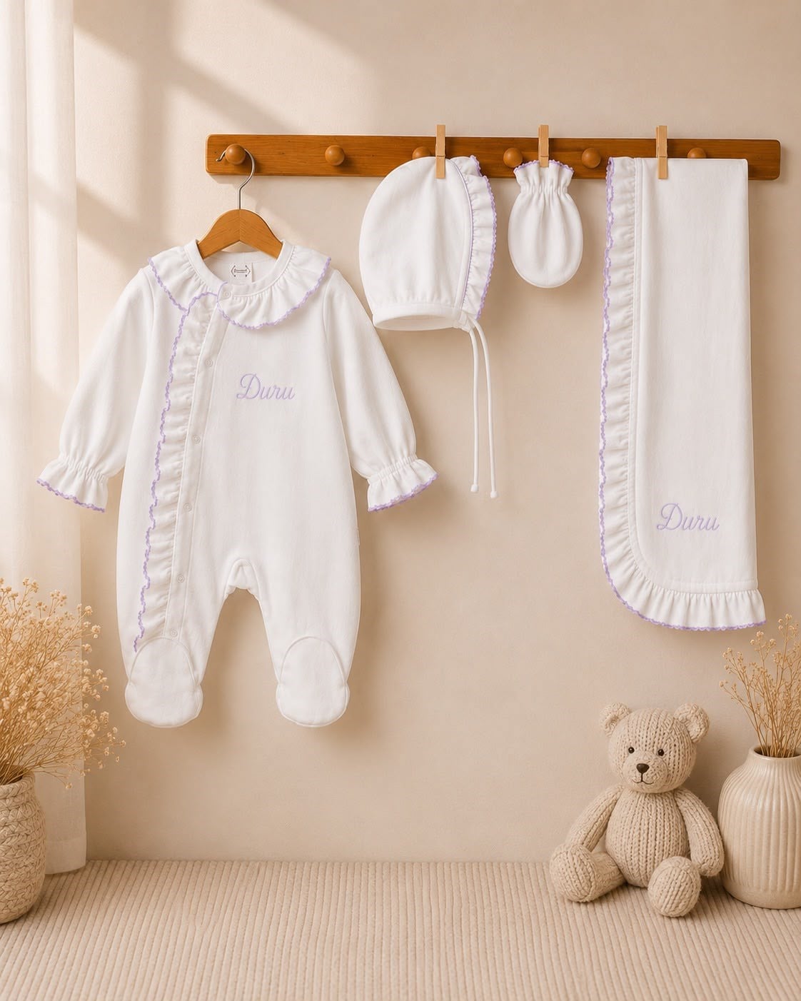 Kız Bebek Lila  Kroşeta Oyalı Battaniyeli Tulum Set Hastane Çıkışı 