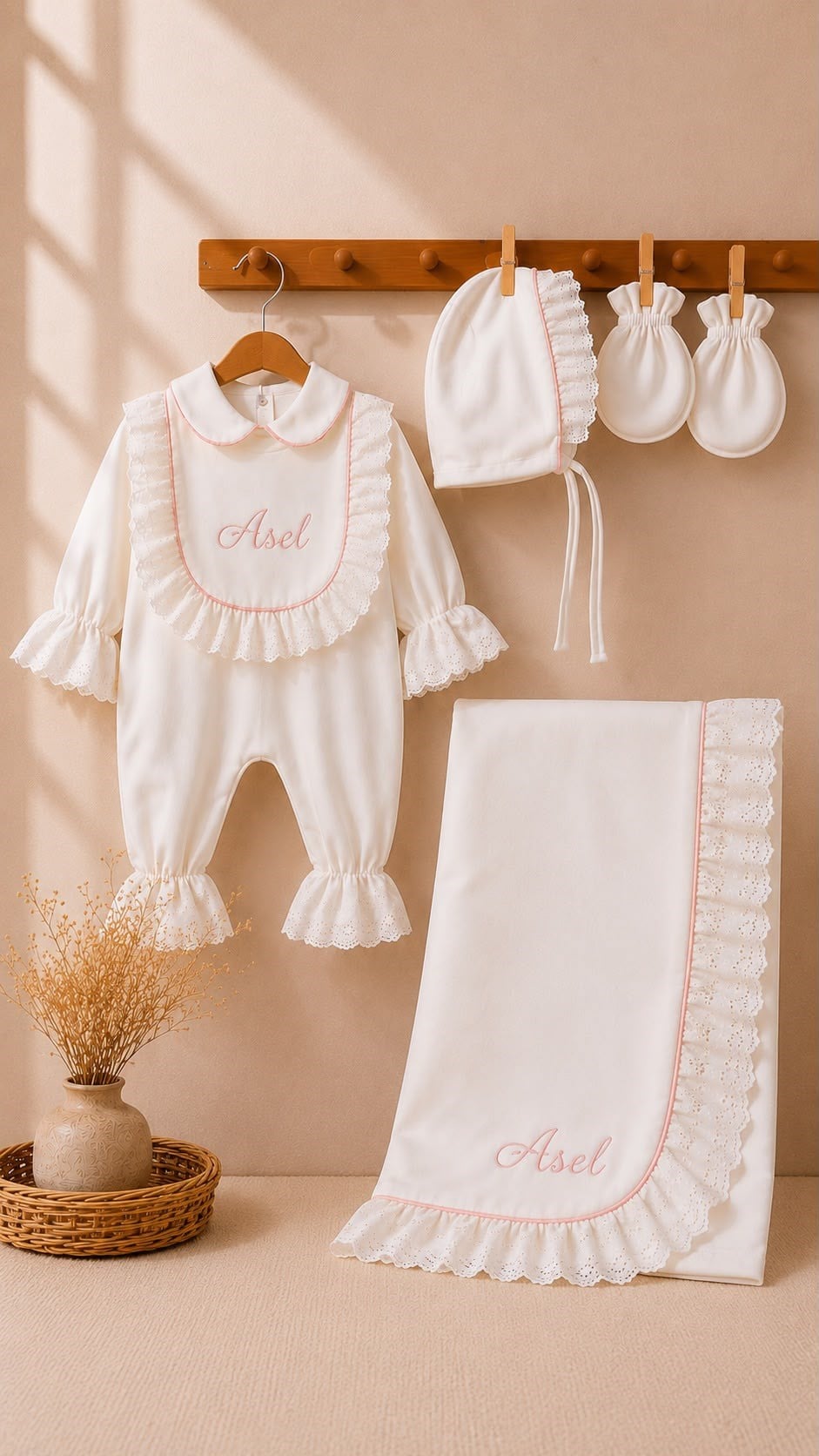 Kız Bebek Pembe Biyeli Fistolu Battaniyeli Tulum Set Hastane Çıkışı 