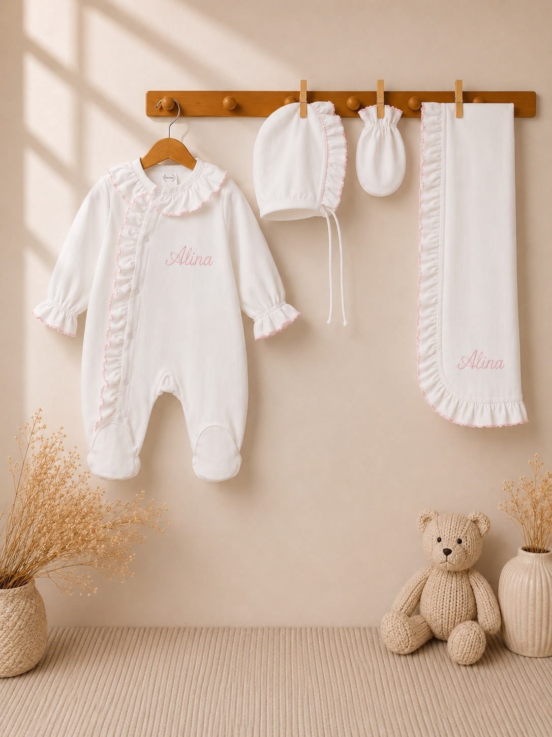 Kız Bebek Pembe Kroşeta Oyalı Battaniyeli Tulum Set