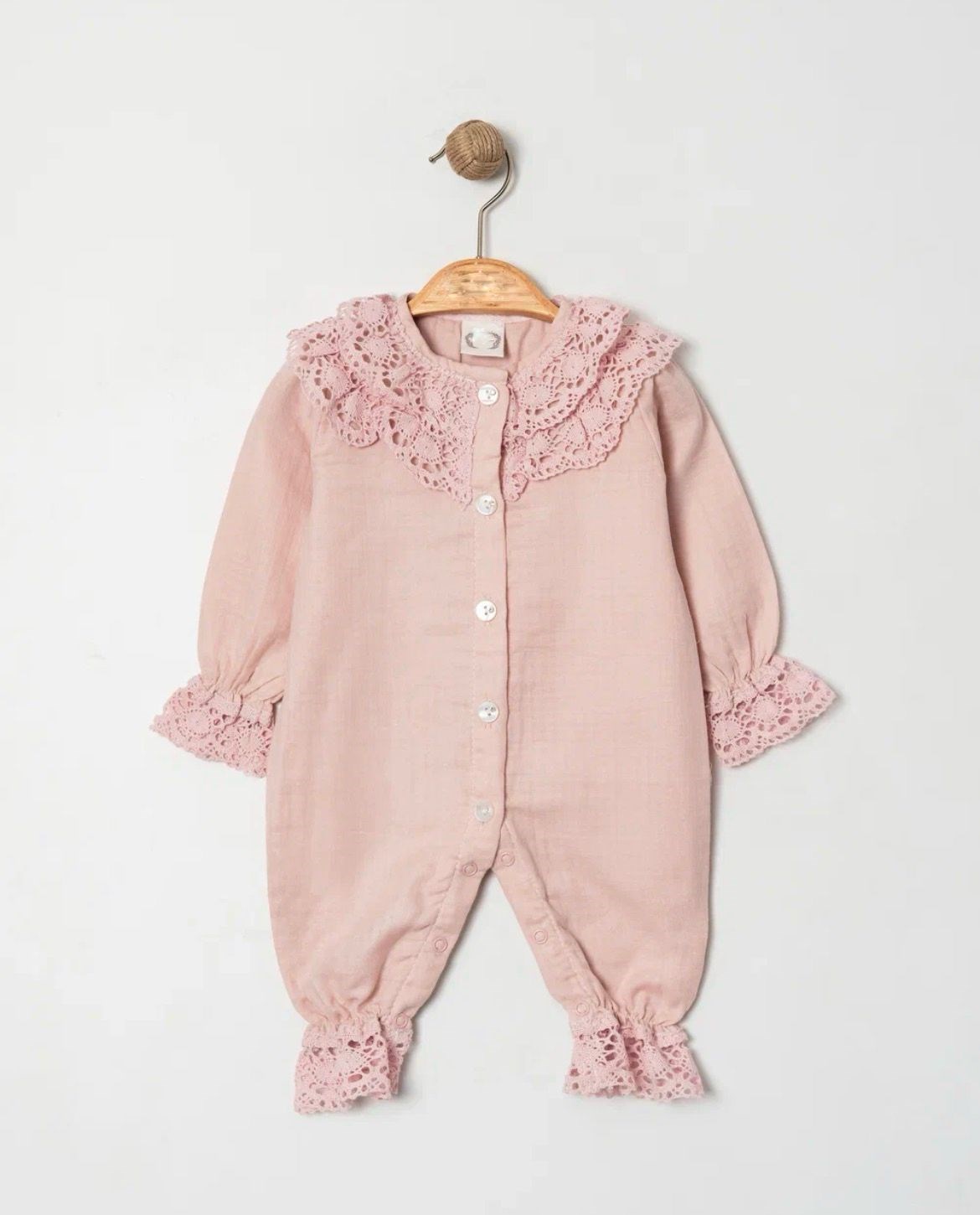 Kız Bebek Pembe Müslin Kopanaki Dantelli Tulum Set