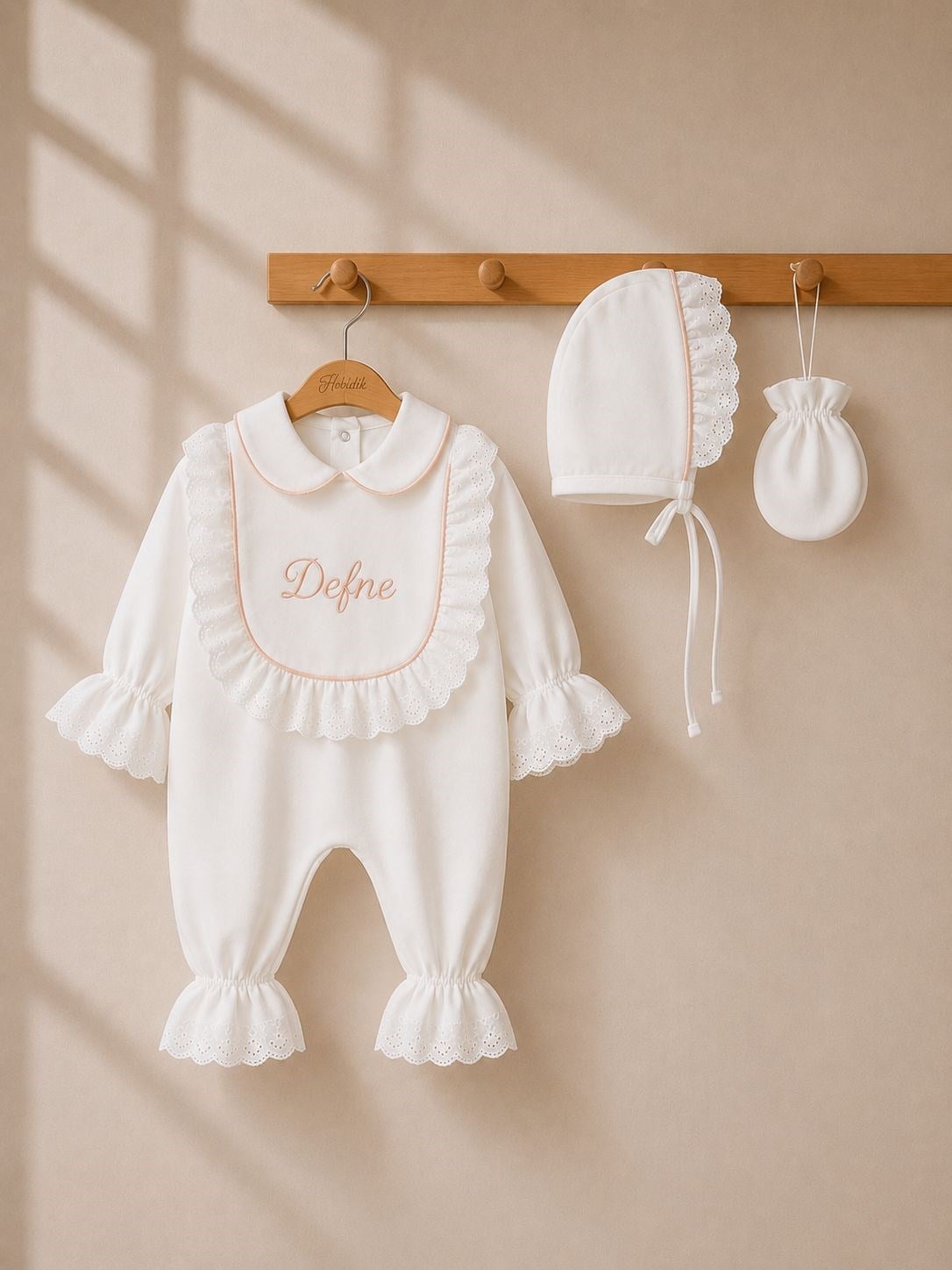 Kız Bebek Somon Simli Biyeli Fistolu Penye Tulum Set