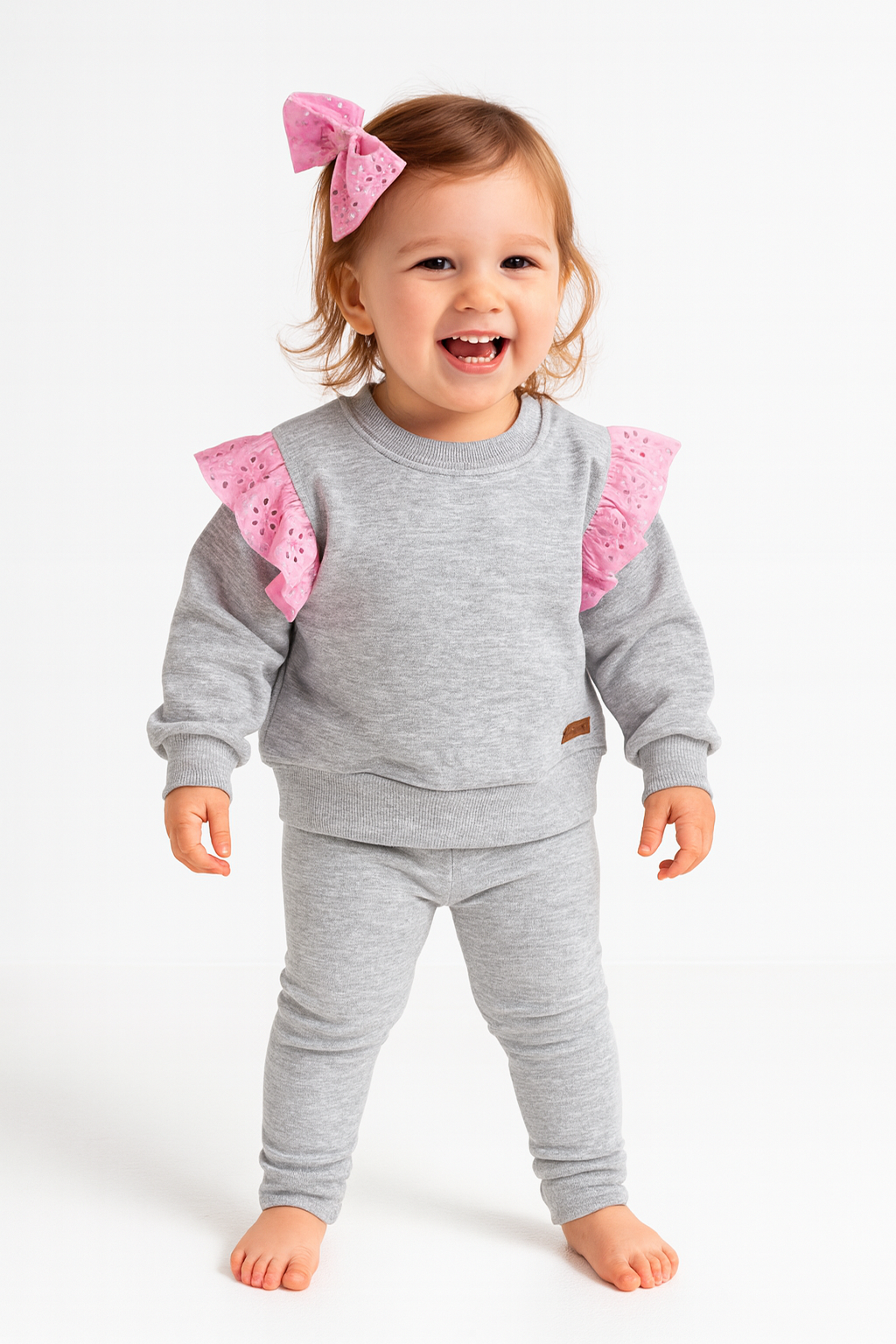  Girl Kids Gray Two Piece Set with Pink Eyelet Lace