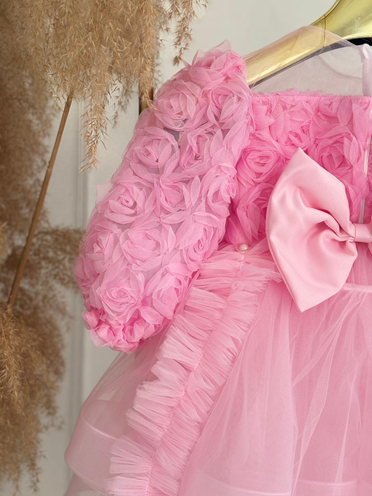 Kız Çocuk Pembe Gül Desenli Kabarık Tül Kız Bebek Elbisesi Uzun Kuyruklu | Fiyonk Detaylı Özel Gün Elbisesi